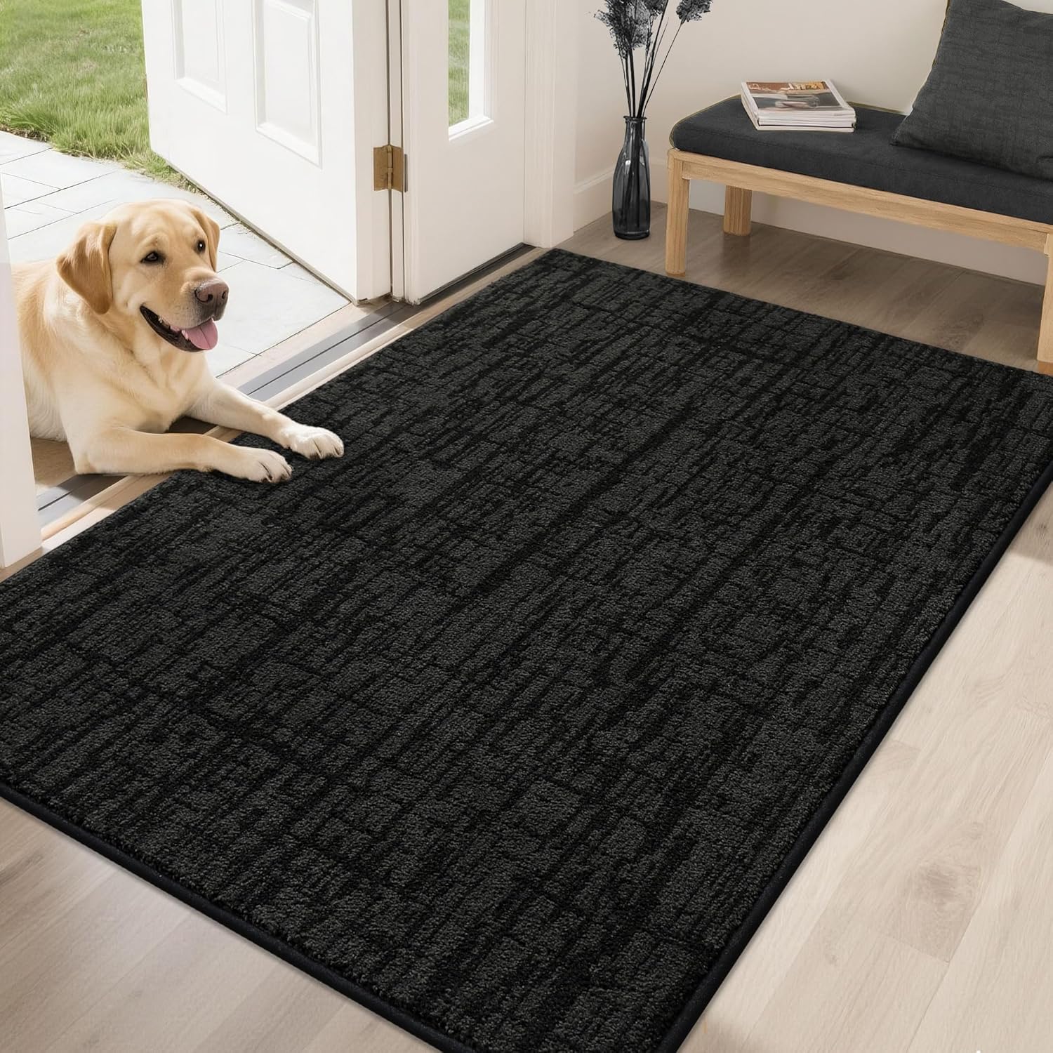 COSY HOMEER Dirt Trapper Door Mat 32"x48",Non-Slip Entryway Rugs,Washable Welcome Mat,Absorbent Entrance Mats,Low Pile Dog Door Mats for Front Back Doomats and Wet Shoes,Black