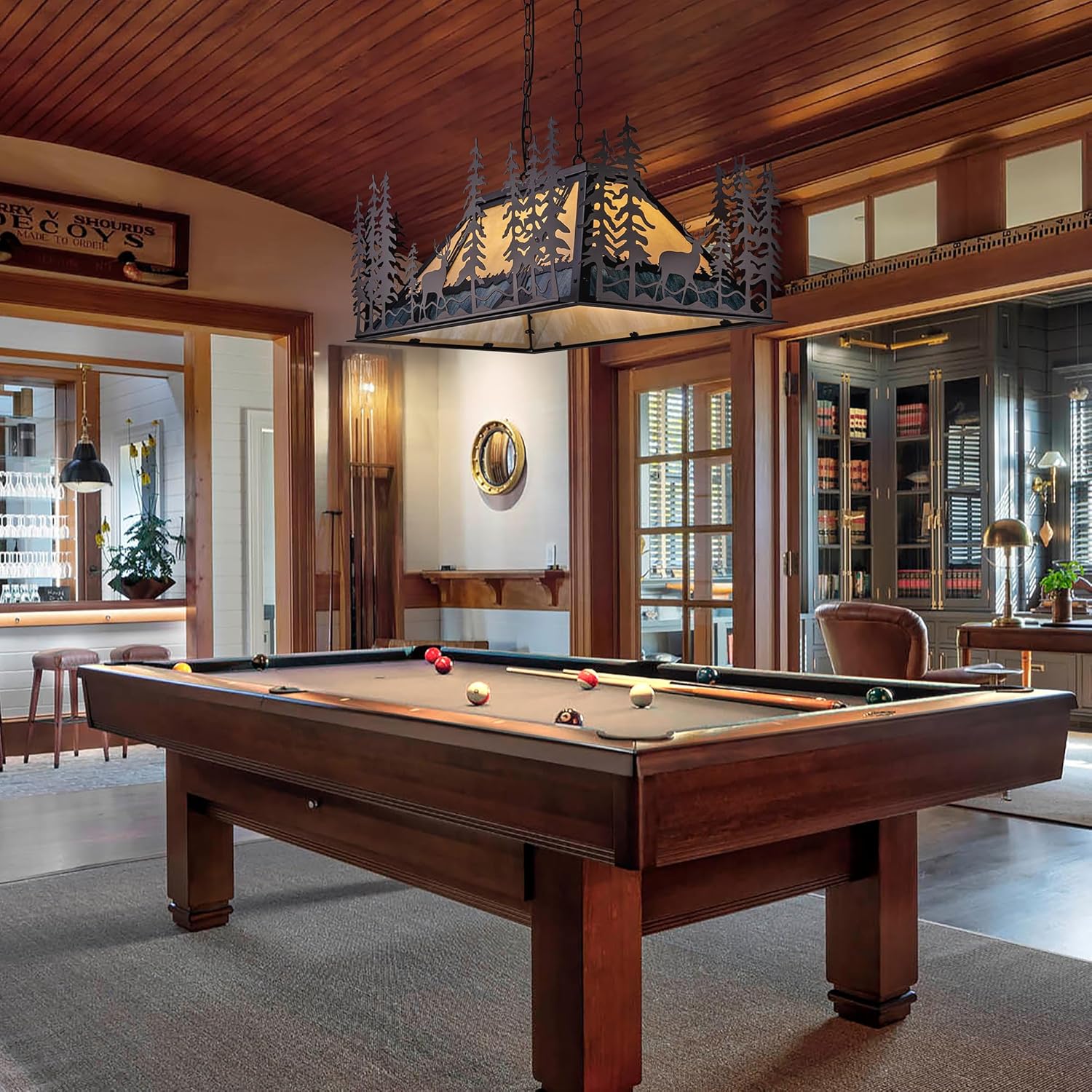 Wellmet Tiffany Pool Table Light, 3 Lights Rustic Deer Chandelier for Kitchen Island Cabin, Billiard Fixture Hanging Pendant Lamp for ' 8' 9' Table, Farmhouse Lighting or Country, Wild West Style