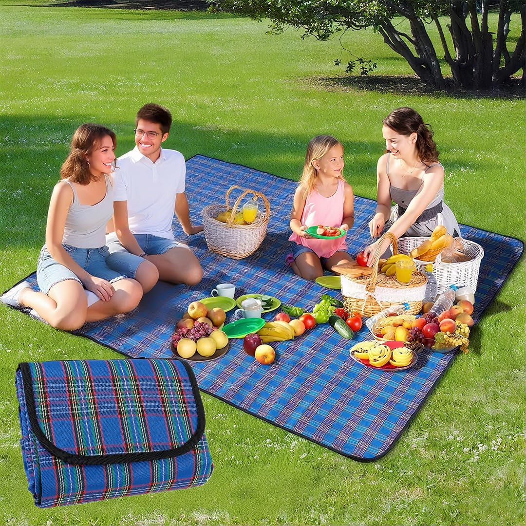 NexusGoods Waterproof Picnic Blanket for Camping, Beach, and Outdoor, Foldable with Handle, Soft Portable Multipurpose Mat (Blue,150x150cm)