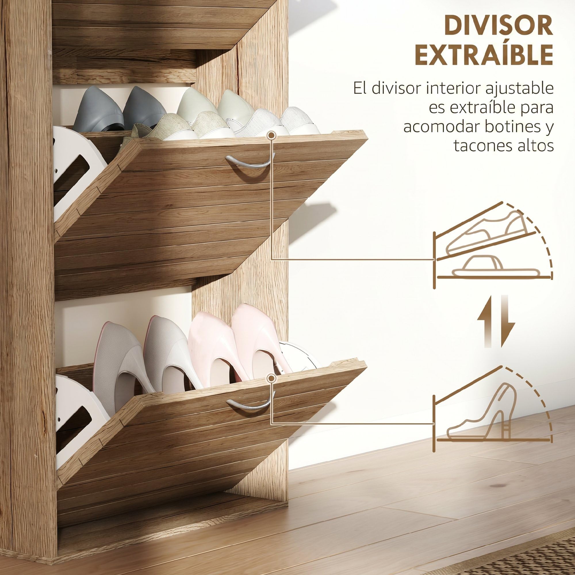 HOMCOM Zapatero Estrecho con 3 Puertas Abatibles, Zapatero Entrada Recibidor, Estantes Ajustables, para 12 Pares de Zapatos, para Pasillo, Espacios Reducidos, Roble