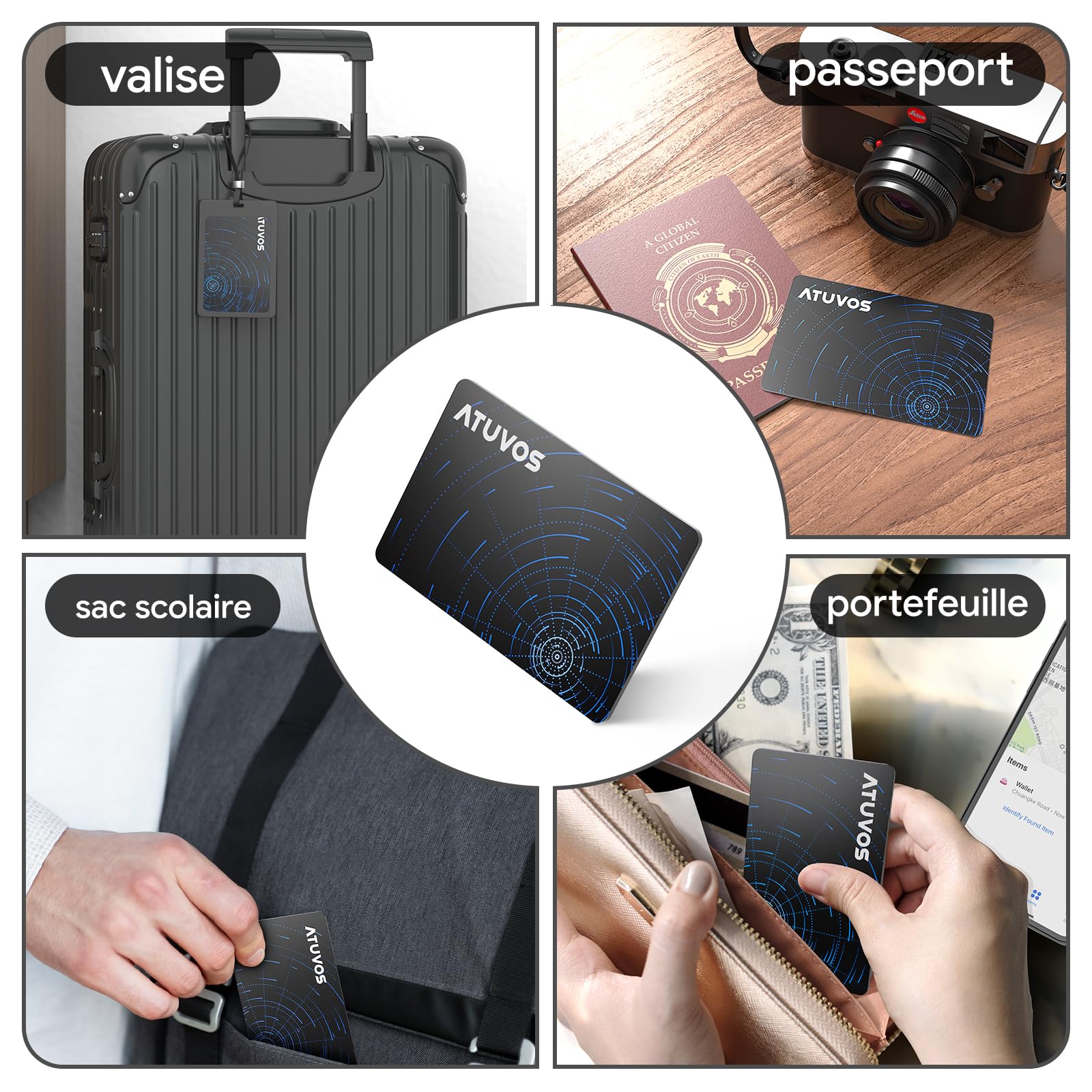 ATUVOS Air Tag Traceur Lot de 2 Système Double, Wallet Tracker Carte Ultra-Fin Compatible avec iOS Apple et Android Google Localiser App, Localisateur Intelligent pour Portefeuille/Valise/Sac/Bagages