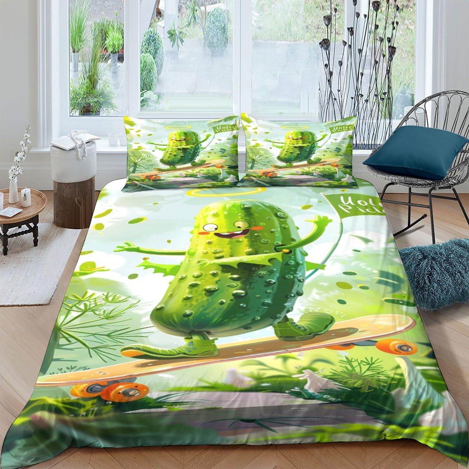 Ctjqhvkz Style-3 3D Printed Funny Pickle Skateboard Fitted Sheet Microfiber Cartoon Green Mattress Cover For Bedroom Dorm Home Decor Single（135X200cm）