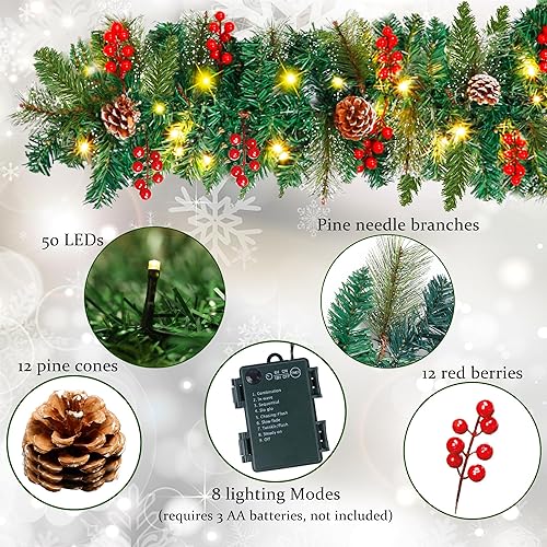 Miniatura 4 de Juegoal Guirnalda de Navidad de 9 pies, guirnalda artificial preiluminada, decoración con flores, bolas de conos de bayas, adorno de 50 luces LED
