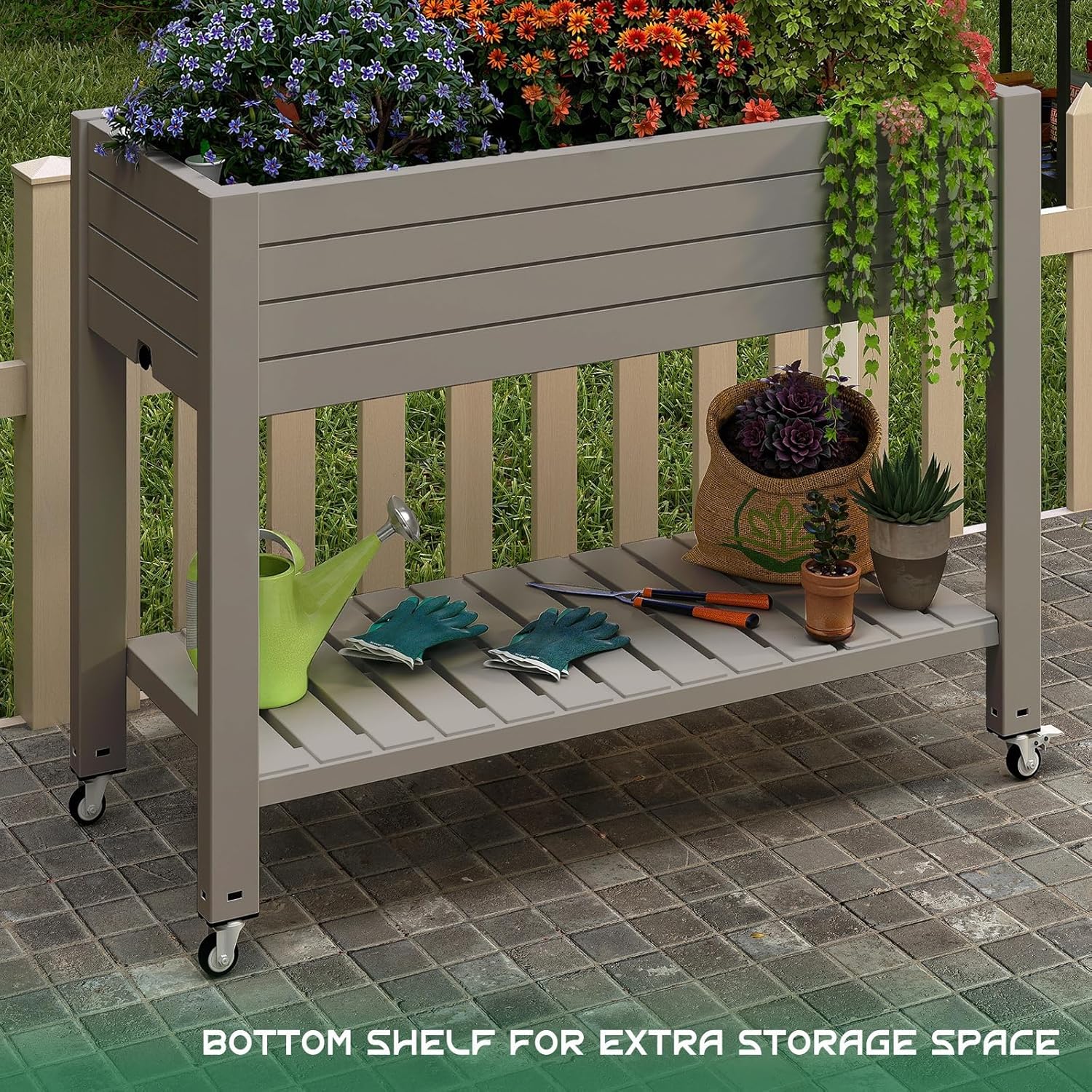 EasyUp 21 Gallon Raised Garden Bed with Wheels, Elevated Planter with Storage Shelf, Weatherproof Mobile Garden Box for Patio Balcony Vegetables & Flowers (Brown)