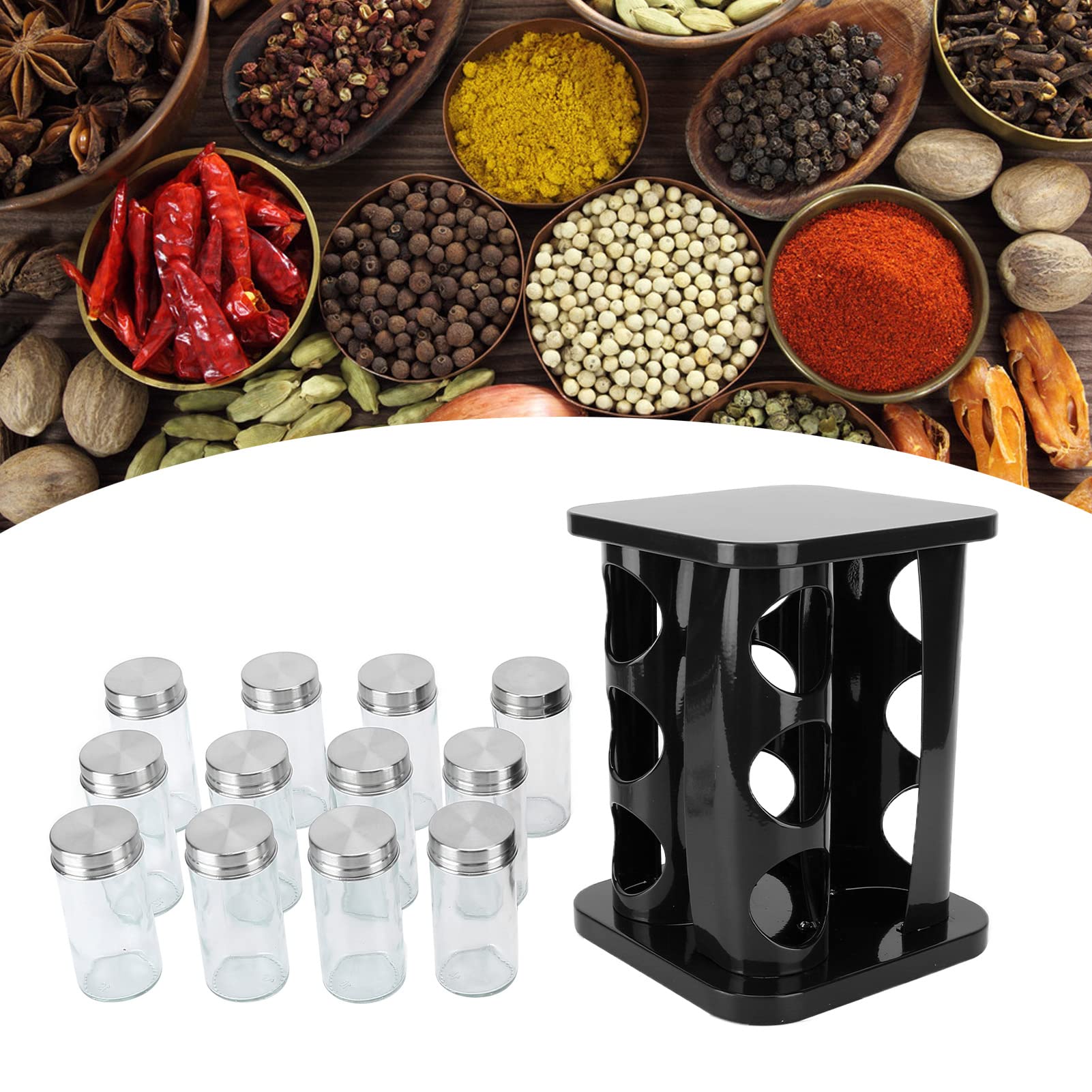 Drehbares Gewürzregal, elegantes Design aus Edelstahl und Glas für Arbeitsplatte, ideal für einfachen Zugang zu Gewürzflaschen und zur Aufbewahrung von Gewürzen (J13436BLK[12]