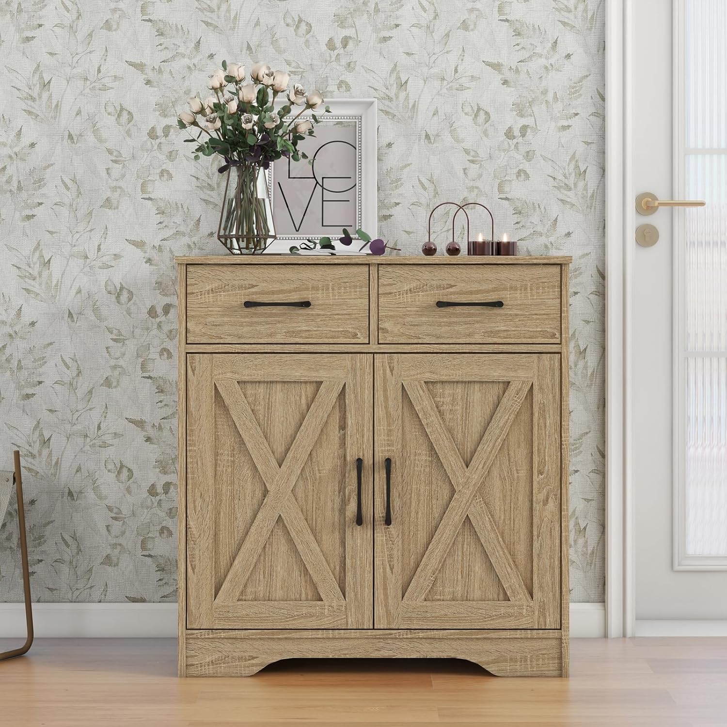 Panana Sideboard 2 Drawers 2 Doors Entryway Storage Cabinet Living Room Organizer Farmhouse Style Wooden Kitchen Cupboard (Nature)