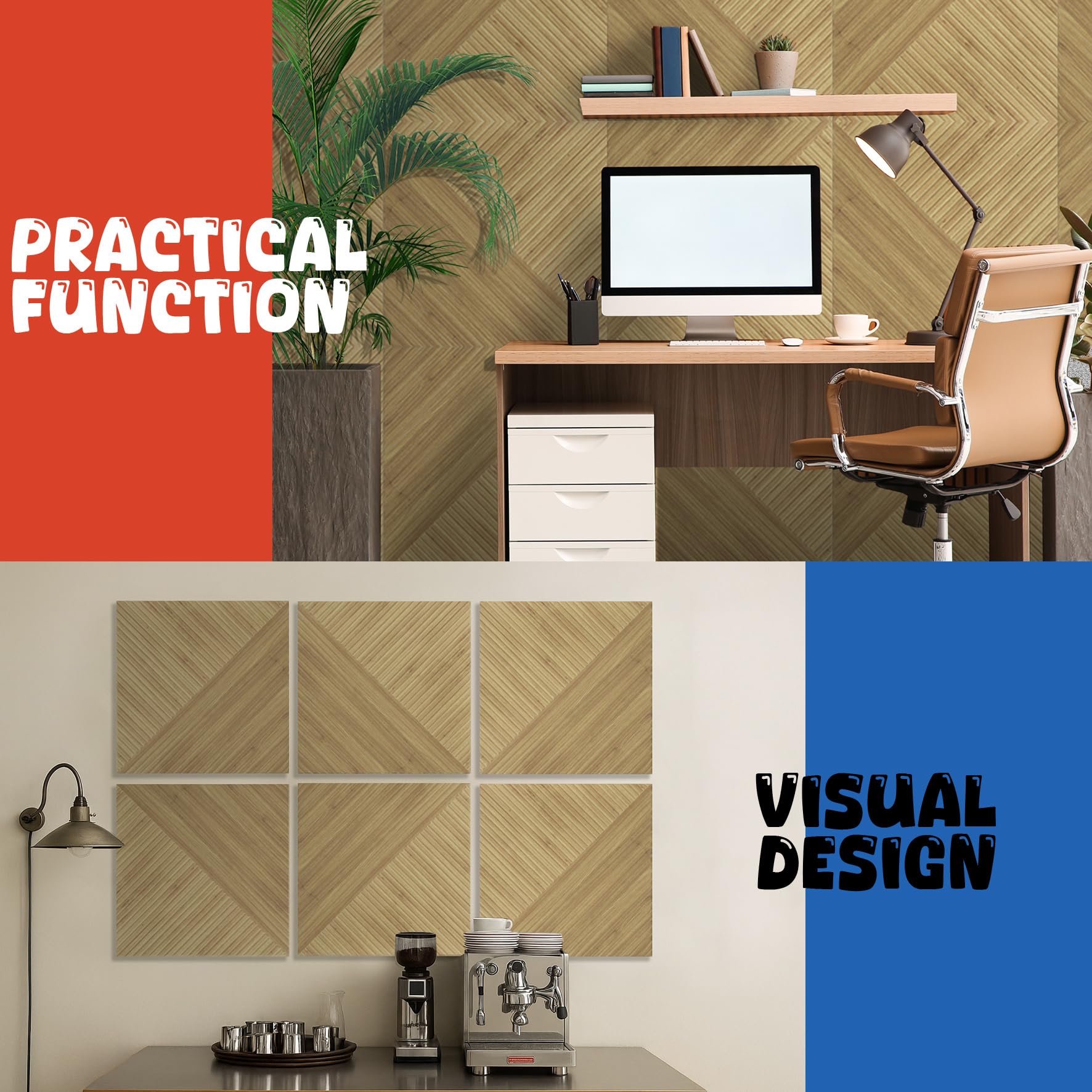 Pannelli acustici, confezione da 6 pannelli insonorizzanti, 50 x 50 cm, grandi, decorativi fonoassorbenti, trattamento acustico, autoadesivi, per casa, studio, ufficio, Light SymmetryLuxe