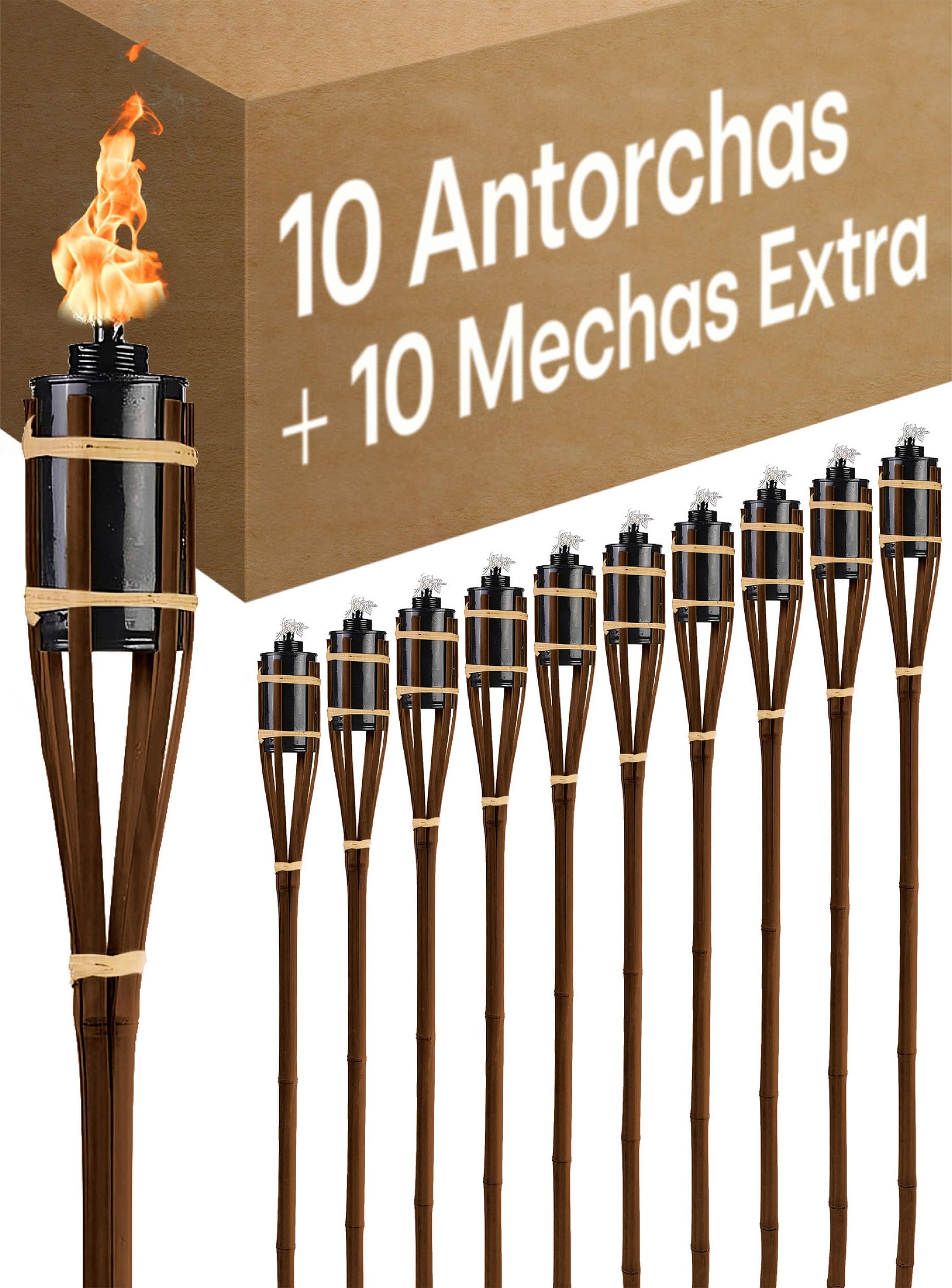 Antorchas Jardín en Bambú 90 CM - 10 Antorchas con 10 Extra Mechas - Larga Duración del Fuego - Recargables