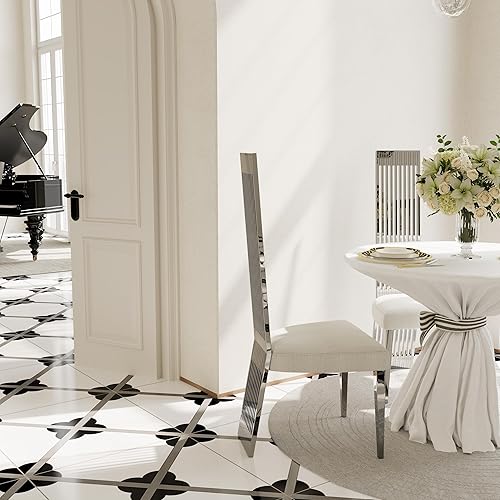 Miniatura 9 de Juego de 2 sillas de comedor blancas y plateadas, sillas de comedor tapizadas con respaldo alto con respaldo y patas de acero inoxidable espejado,