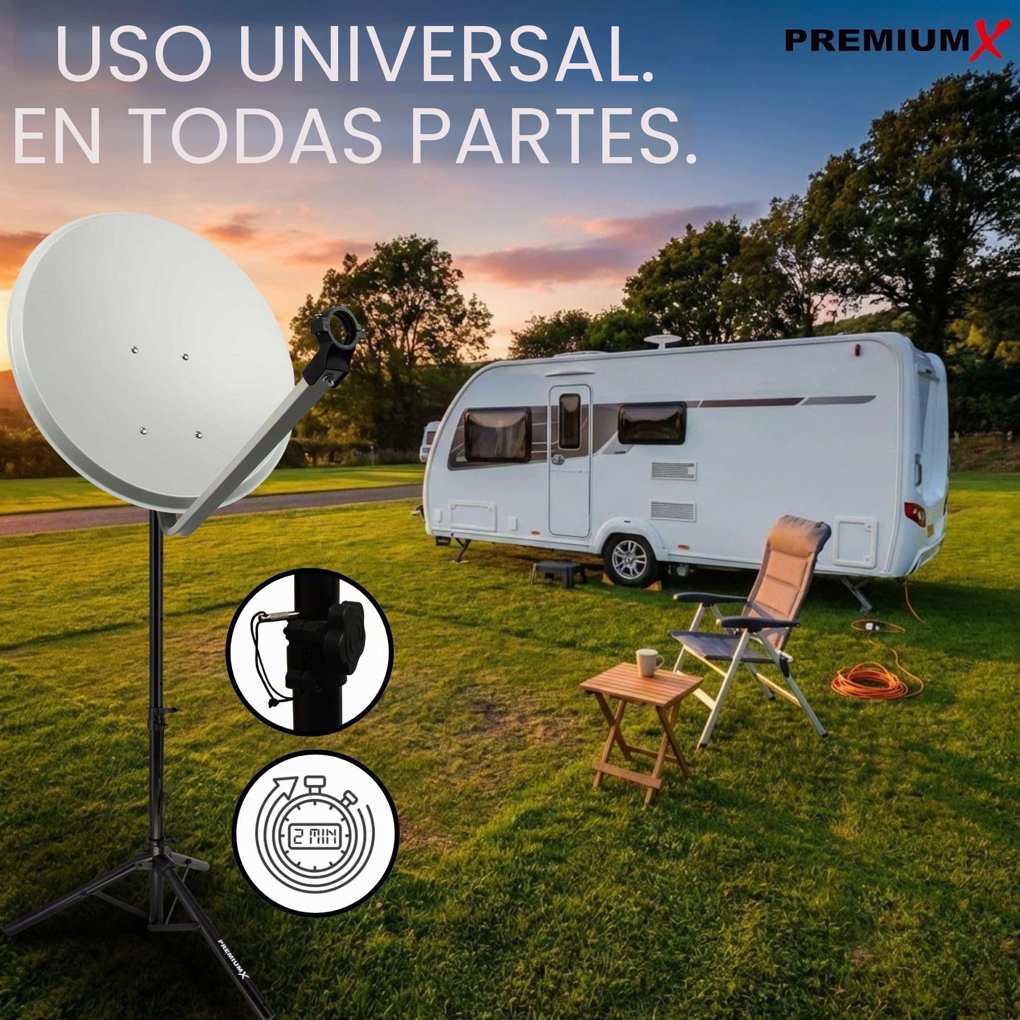 PremiumX Trípode básico, Acero, diámetro 32 mm, Altura 120 cm, Soporte para Antenas parabólicas de 80-85 cm, Espejo, Camping, balcón, Negro, con 3 Clavijas de Acero Macizo