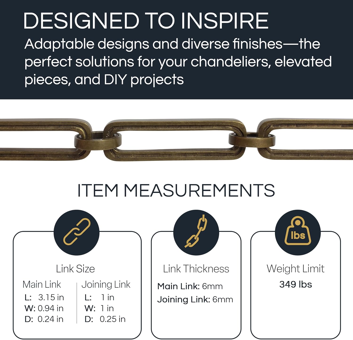 RCH Hardware CH-28-PB Decorative Polished Solid Brass Chain For Hanging, Lighting - Rectangular Hinge with Rounded Edges