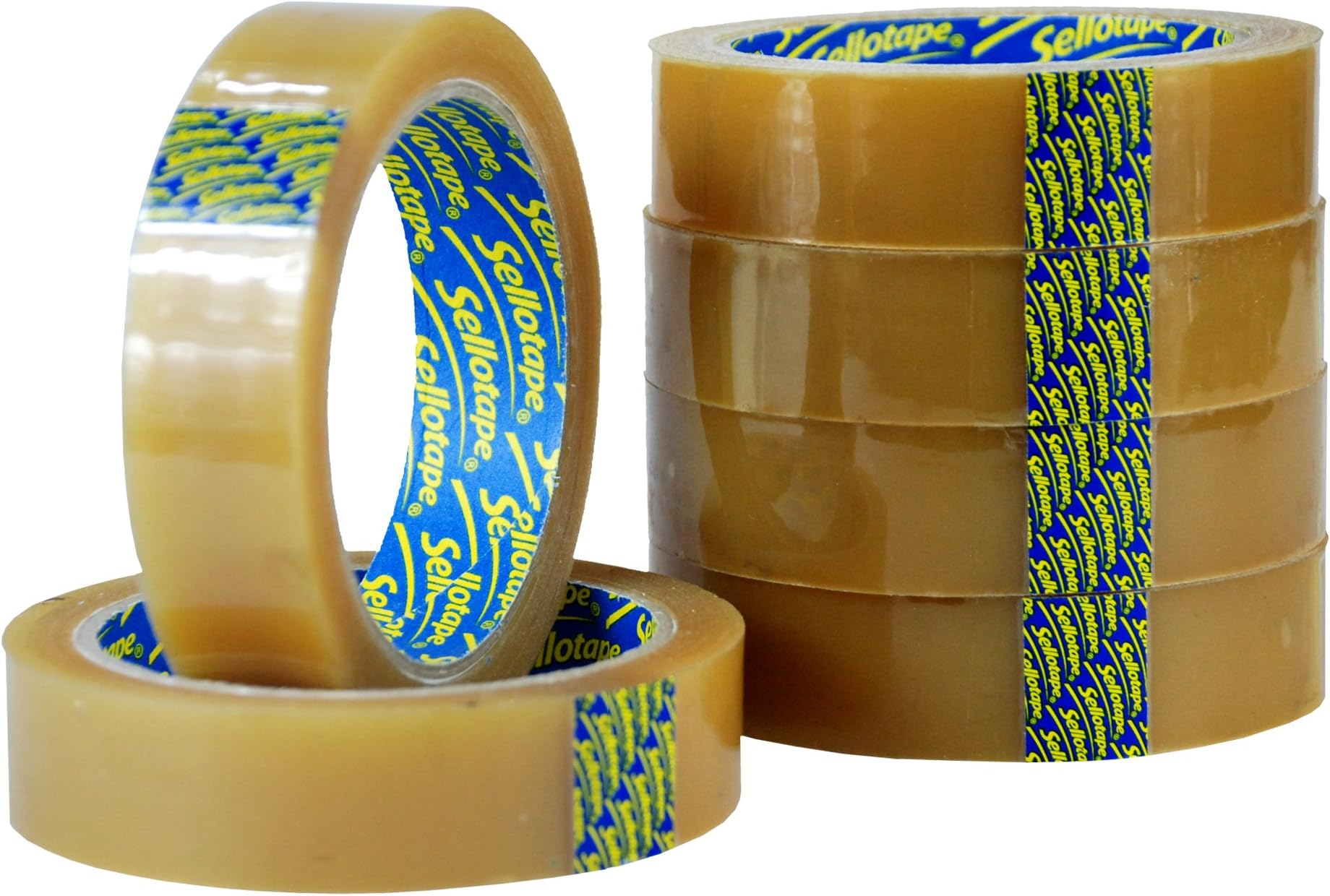 6 x Sellotape Original Golden Tape Roll Clear Non Static Easy Tear Tape 24mm x 50m - No Need for Scissors - Ideal for Home, Office or School Use.