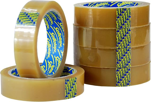 6 x Sellotape Original Golden Tape Roll Clear Non Static Easy Tear Tape 24mm x 50m - No Need for Scissors - Ideal for Home, Office or School Use.