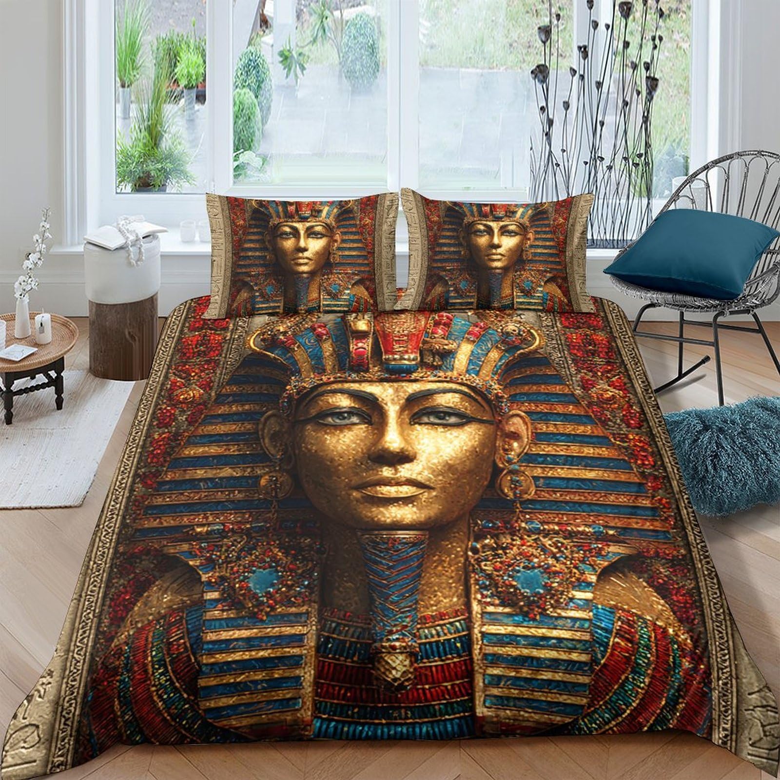 Ctjqhvkz Style-9 3D Printed Pharaoh Gold Fitted Sheet Microfiber Soft Ancient Egypt Bed Cover For Bedroom Dorm Decor Protection Single（135X200cm）