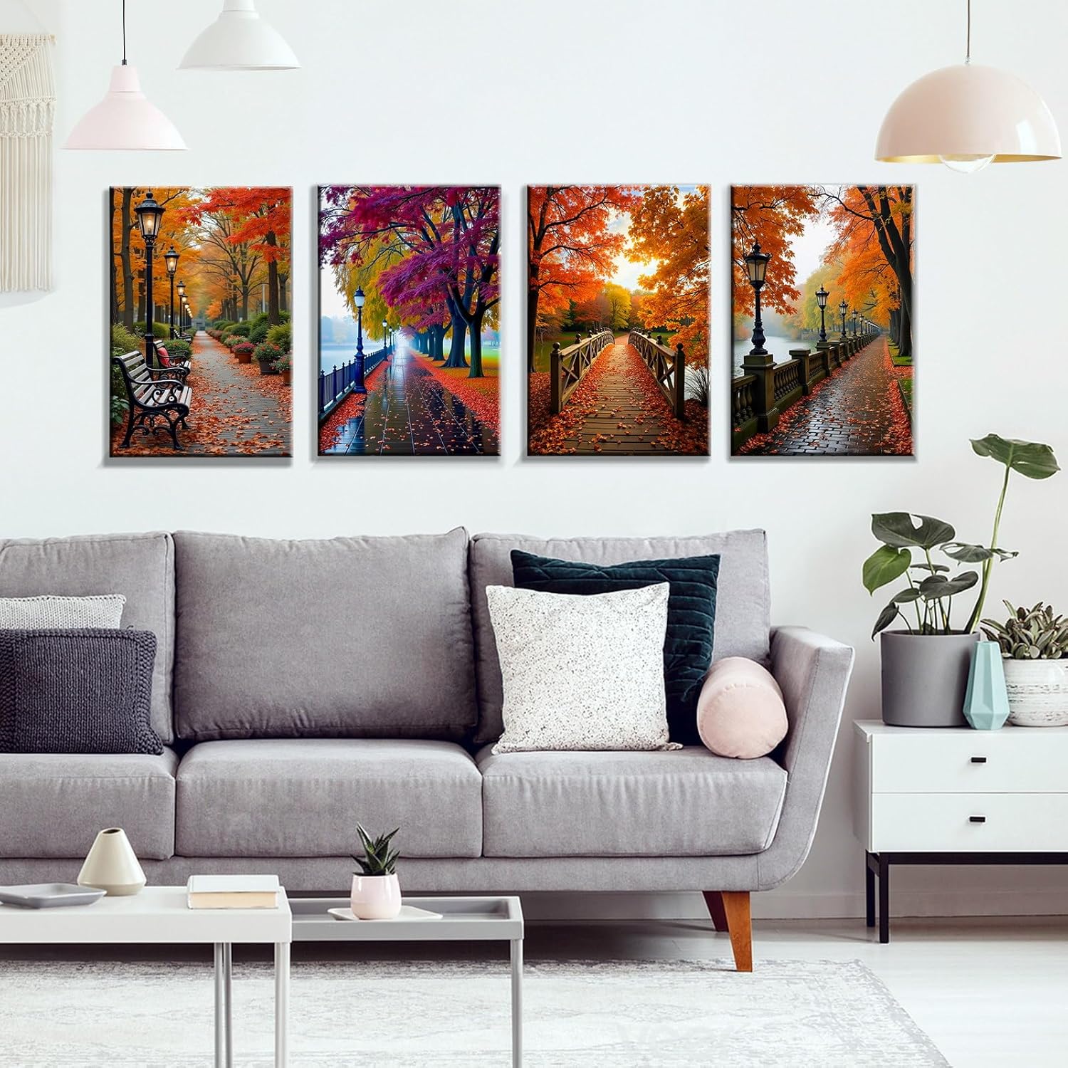JOOZ 4 Pack Paint by Numbers Kit for Adults with Frame Autumn Landscape Paint by Number with Easel DIY Fall Forest Adult Paint by Number Kits Oil Painting by Numbers for Home Wall Decor 8x12 Inch