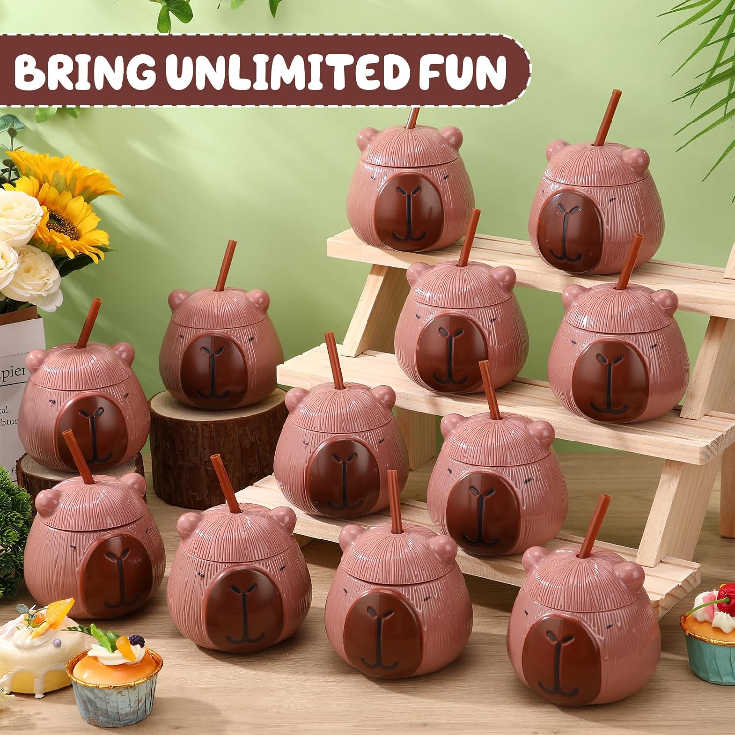 12 Sets Capybara Cups with Straws and Lids, 20 oz Plastic Reusable Capybara Theme Cups for Baby Shower Birthday Animal Theme Party Supplies