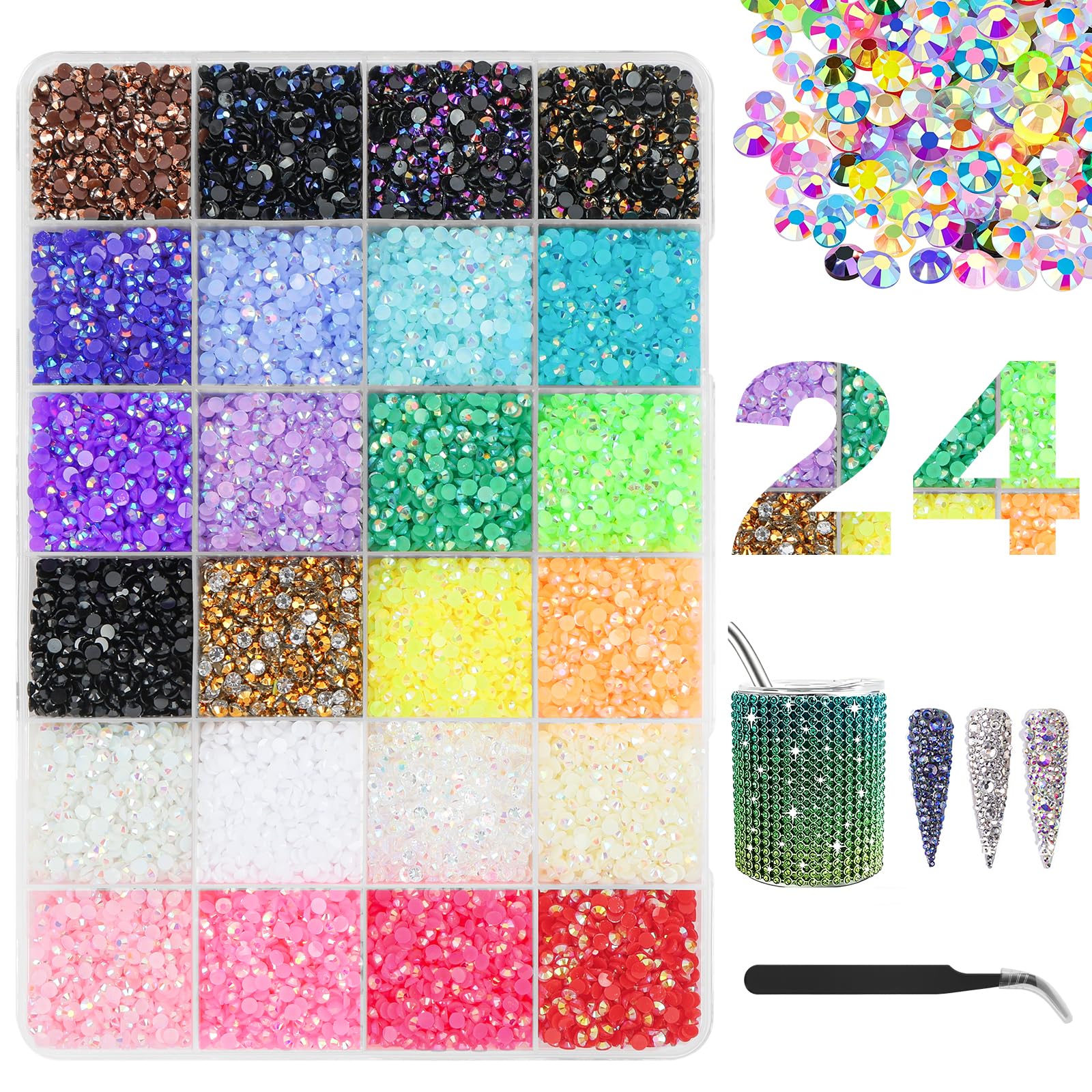 24 kolory kryształki do paznokci, 24000 sztuk brokatu do paznokci Nail Art 3 mm z pincetą, DIY brokat do paznokci, do makijażu, rękodzieła, odzieży, etui na telefony komórkowe - standard