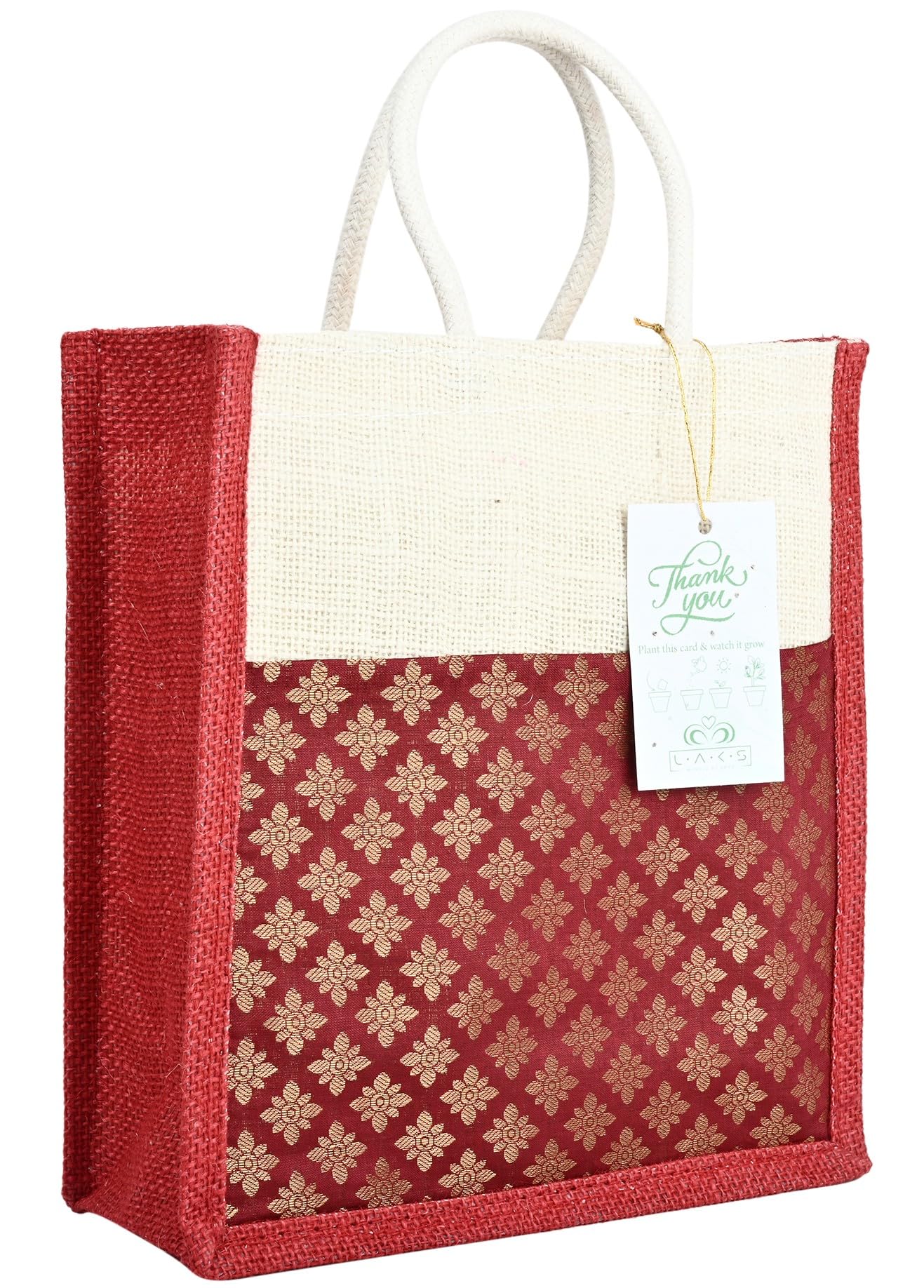 LAKS - Jute Gift bags - Jute Bags - Jute Bags For Return Gifts - Gift bags Small Size - 9x9x4 inch - With Seed Paper Thank You Card (Brocade - Maroon, Pack of 50)-image-21