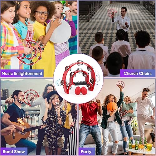 Miniatura 7 de Pandereta instrumento musical para adultos, panderetas de 10 pulgadas, media luna con agitadores de huevos, jingles de metal de doble fila,