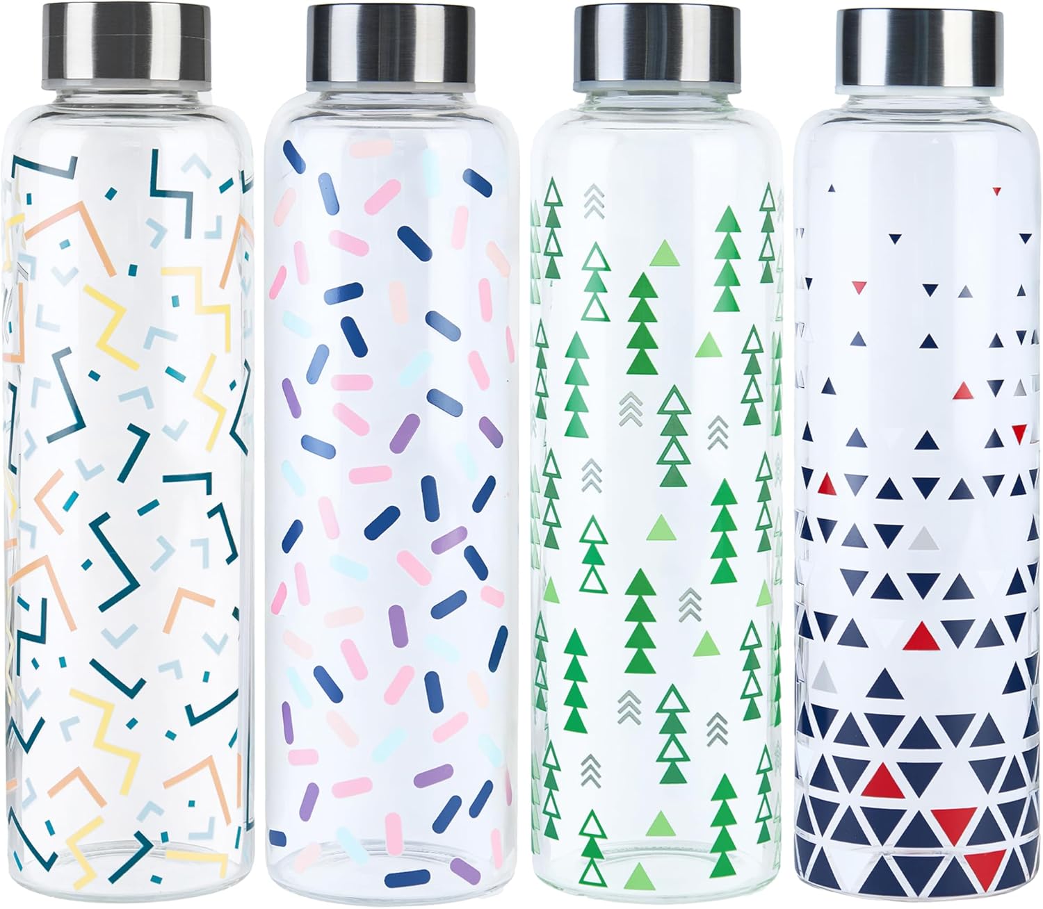 18 oz Glass Bottles with Stylish Printed Designs – Set of 4 Reusable Juice & Water Bottles, Leak Proof, Airtight, Dishwasher Safe