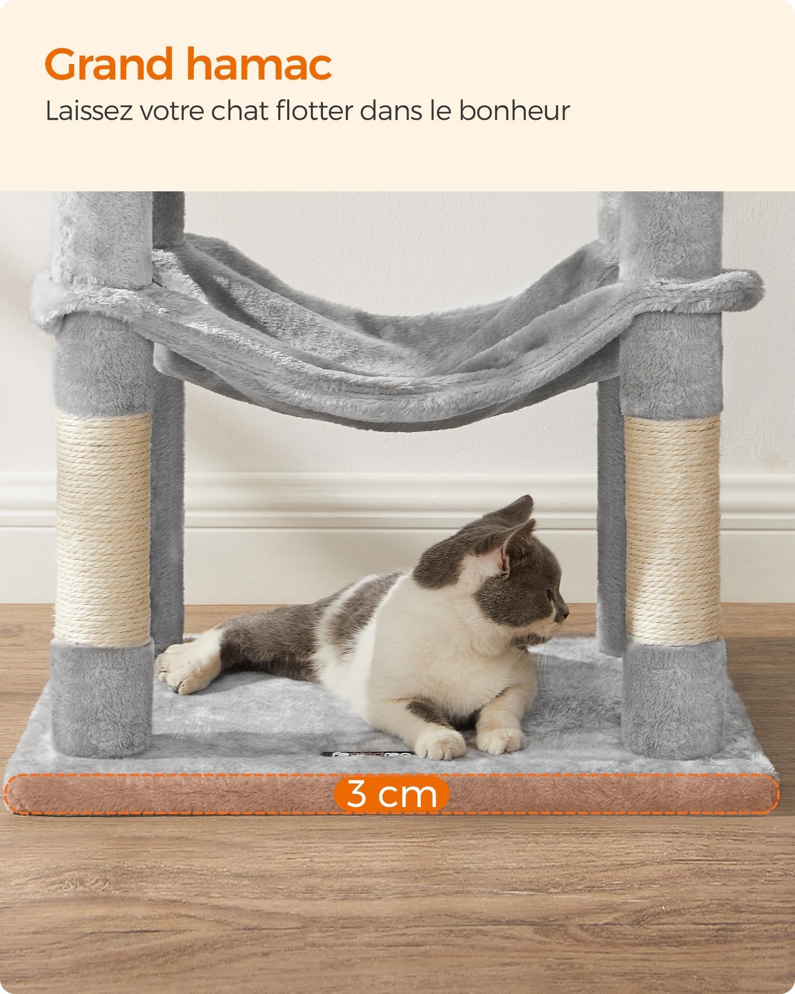 Feandrea Arbre à Chat Hauteur 143 cm, Tour de Jeux pour Chats, avec 4 Poteaux à Griffer, 2 Plateformes, 1 Niche, 1 Hamac, 2 Pompons, en Tissu Peluche, Multi-Niveaux, Gris Clair PCT161W01