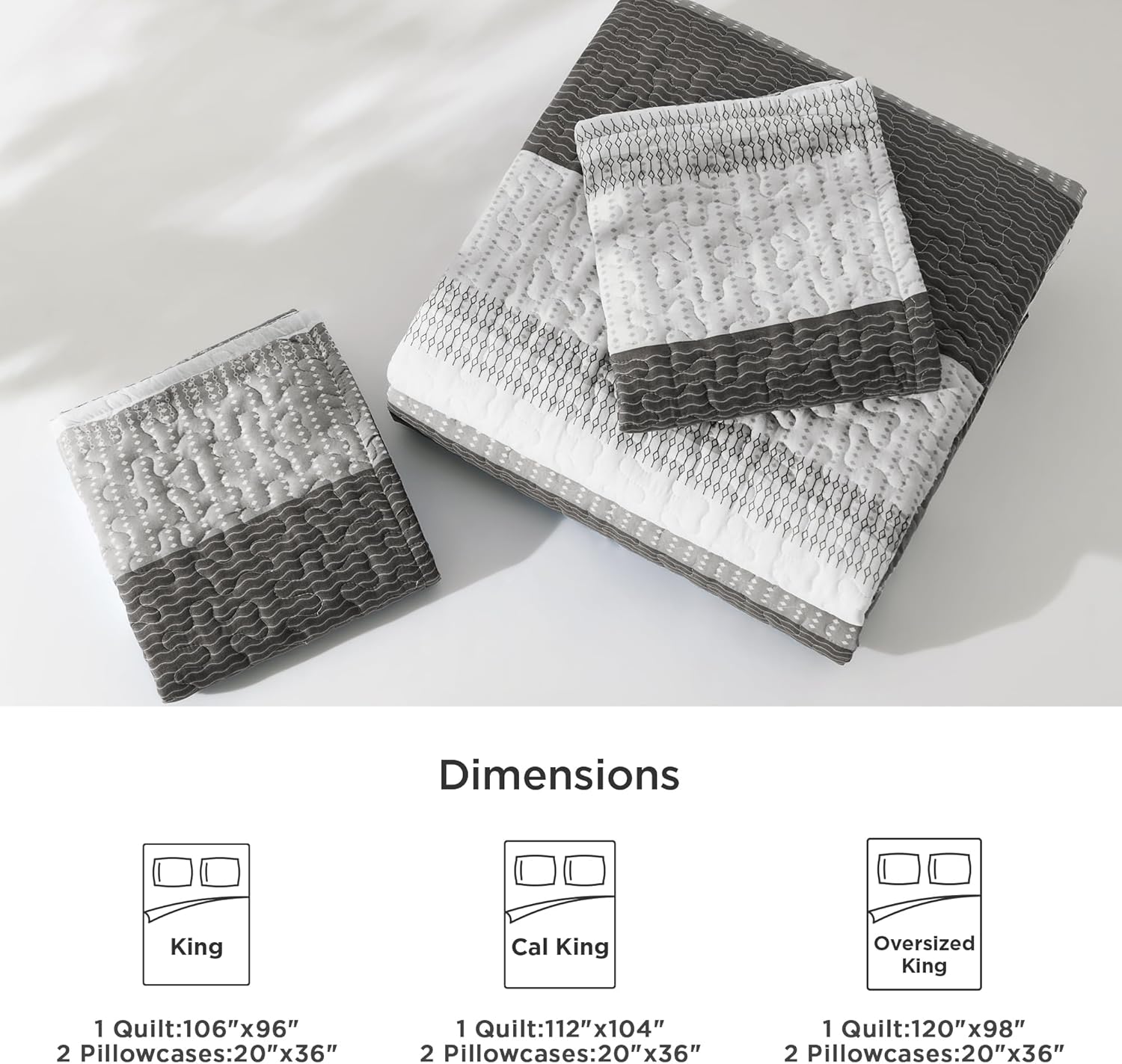 Litanika Quilt King Size Dark Grey, Stripe Patchwork Summer Bedspread Coverlet 3 Pieces, Soft Lightweight Polyester Quilted Bedding Set for All Season(1 Quilt, 2 Pillowcases)