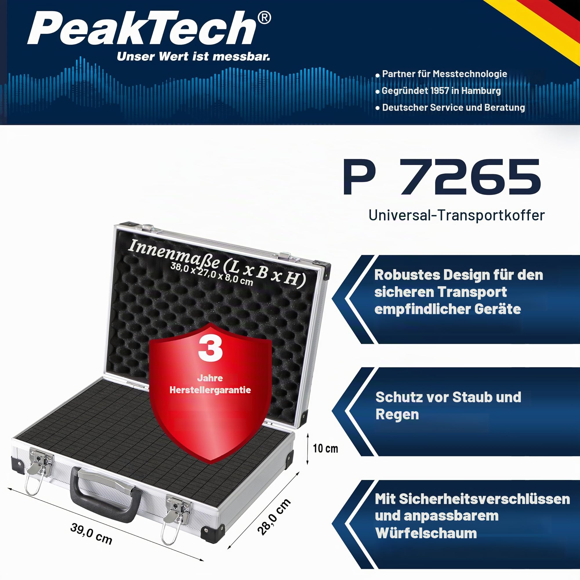 PeakTech P 7265 Alukoffer – abschließbarer Universal-Transportkoffer mit Würfelschaumstoff – tragbarer Fotokoffer – robuster Alu Koffer mit Schutz vor Regen und Staub – Groß (390 x 280 x 100 mm)