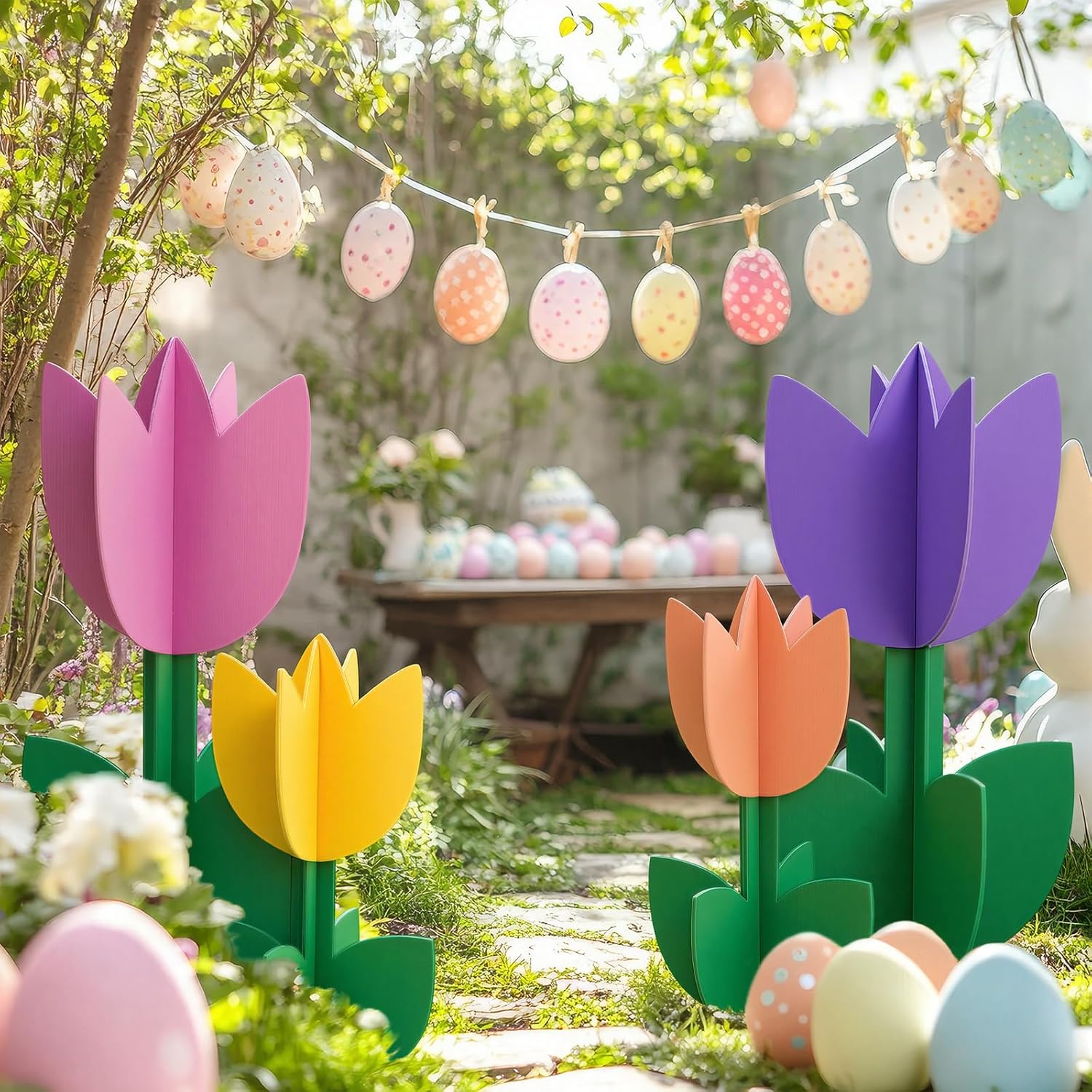 4 Pcs Large 3D Outdoor Tulips Yard Signs 23.62 Inch and 15.75 Inch Rustic Giant Paper Flowers Decoration Farmhouse Flowers Decoration for Easter Spring Party Office Home Garden