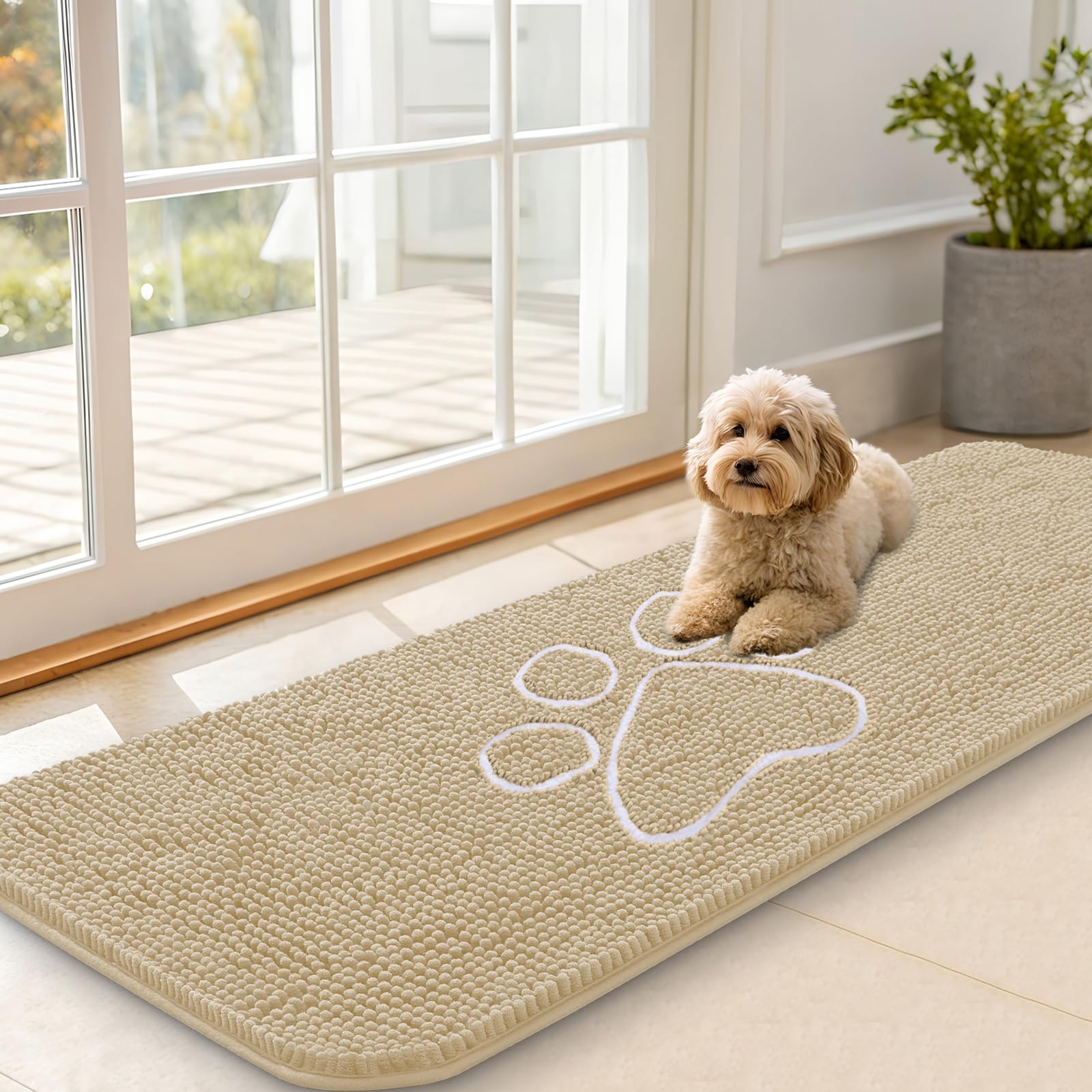 OLANLY Dog Door Mat for Muddy Paws 59x20, Paw Print Design Chenille Mud Mat