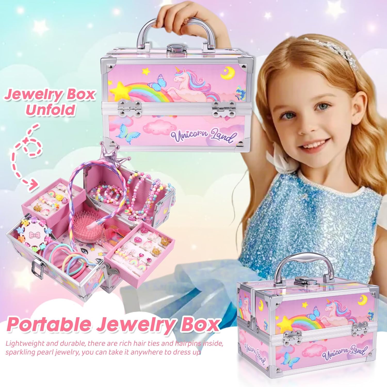 PinkSheep Unicorn Kids Jewelry for Girls: Toddler Princess Dress Up Unicorn Toy Set, Ring Necklace Bracelace Earing Clip for Little Girls, for Kids Toddler Jewelry Age 3-8