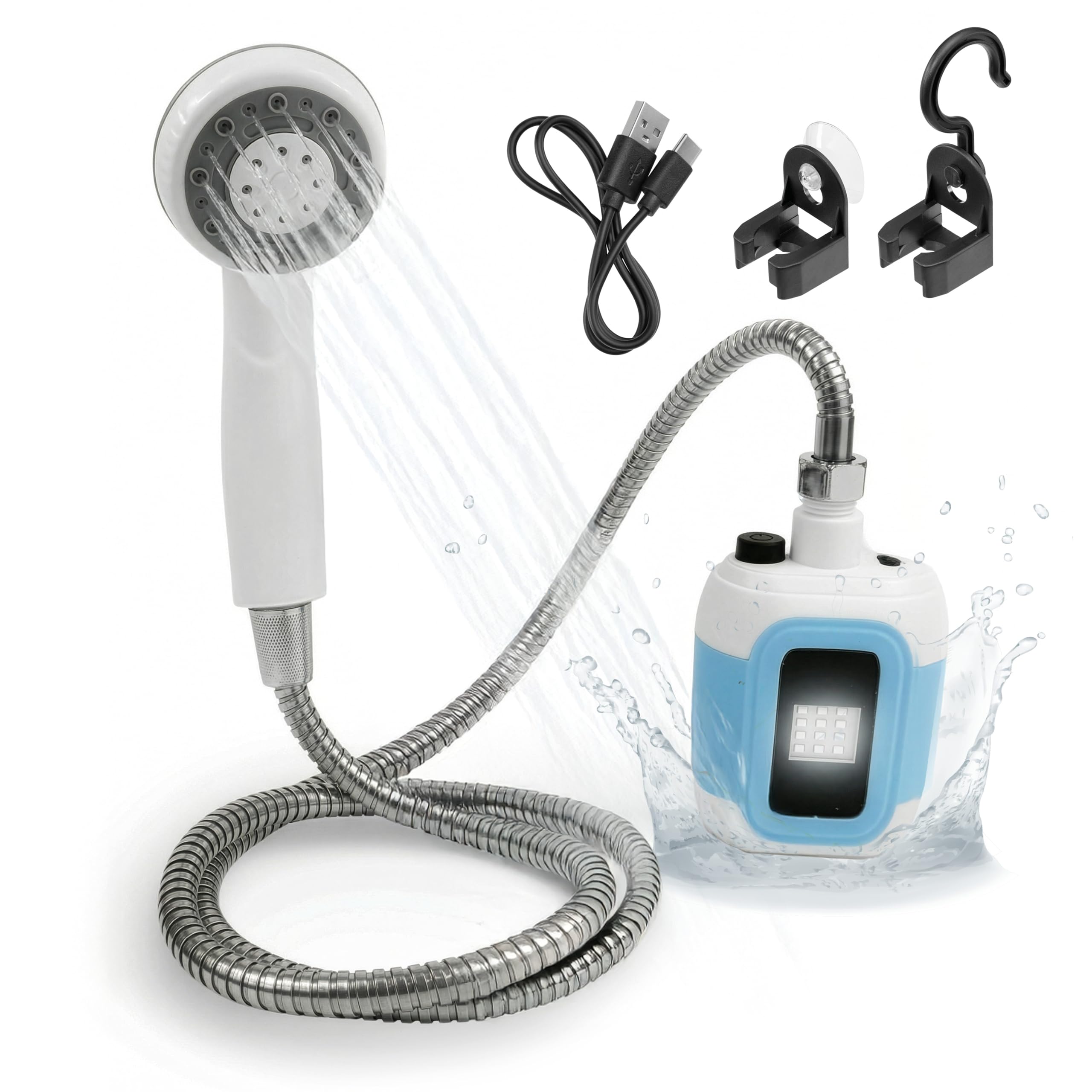EASYmaxx Campingdusche mit Akku | 2in1: Mobile Outdoor Dusche und Bewässerungsbrause | Camping Dusche mit Pumpe inkl. Ansaugfunktion | kabellose und tragbare Dusche | elektrische Dusche mit LED-Licht