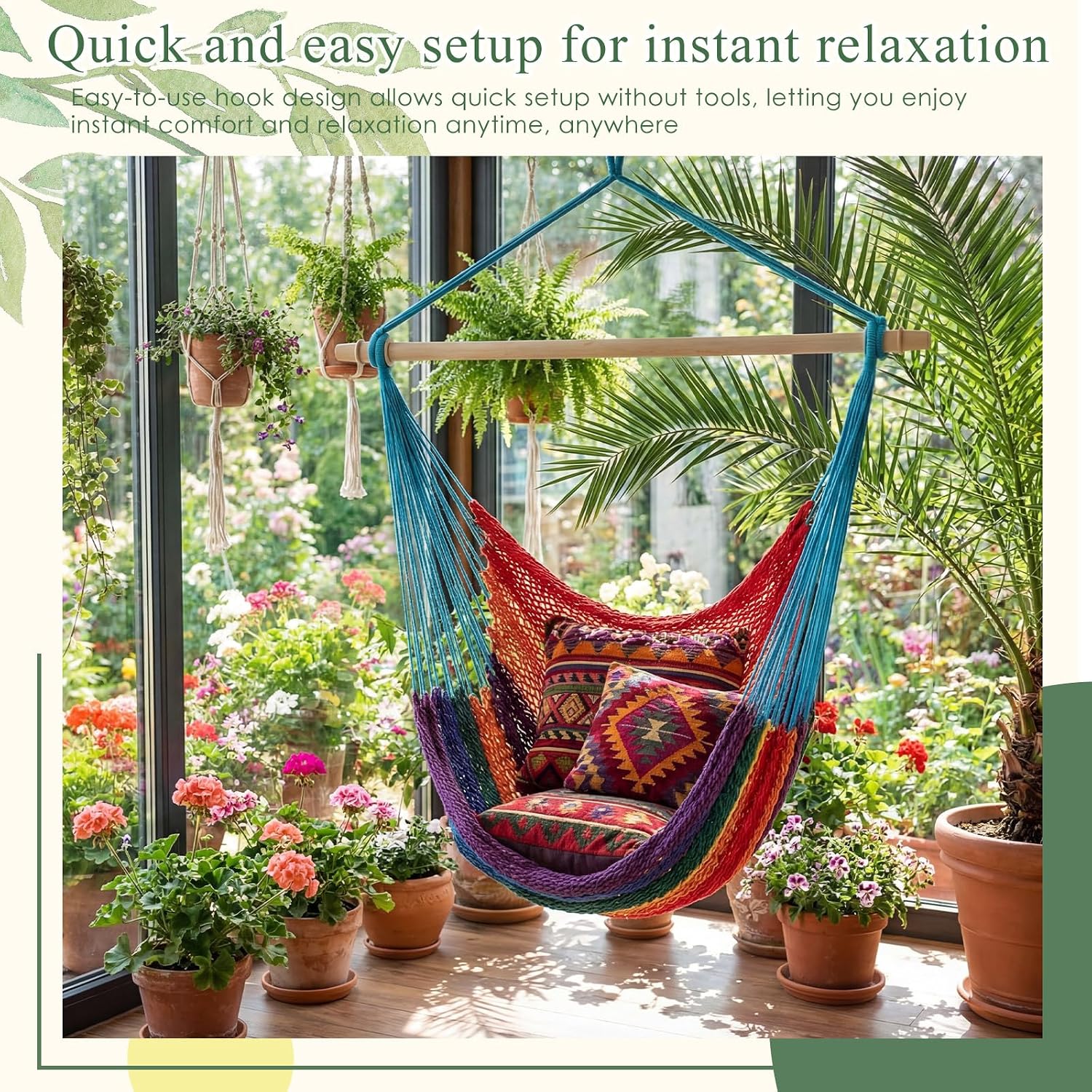 Barydat 2 Pcs Hanging Hammock Chair Boho Swing Chair Outdoor Indoor Comfy Soft Cotton Rope Weaving with 40 Inch Detachable Metal Bars for Backyard Living Room Garden, 270lb Capacity(Rainbow Color)