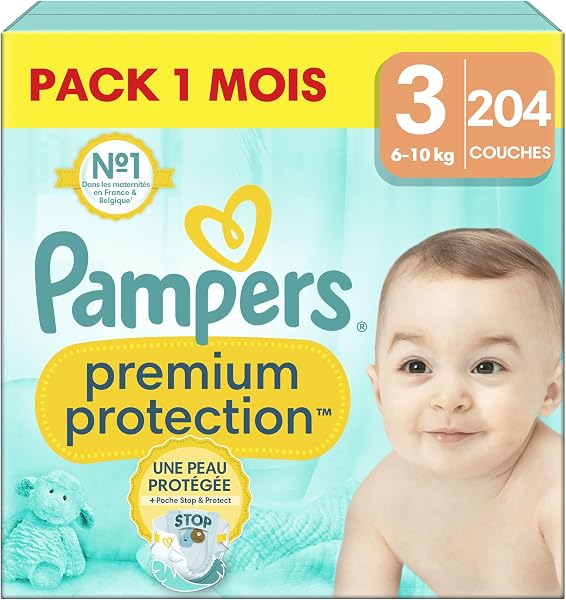 Pampers Premium Protection Taille 3 204 Couches avec double protection peau et fuites
