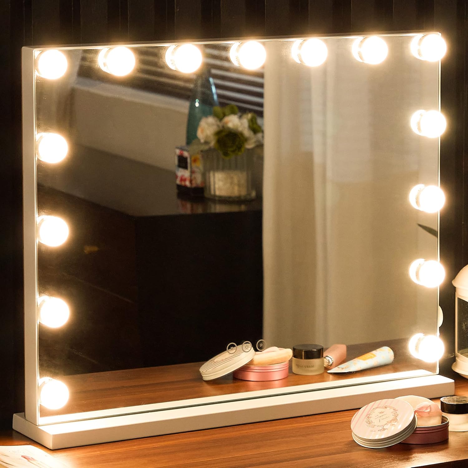 DECLUTTR Vanity Mirror with Lights Large Hollywood Lighted Makeup Mirror with 10X Magnification and 15 Dimmable LED Bulbs, Tabletop or Wall Mounted Mirror with USB Outlet and 3 Lighting Modes, White