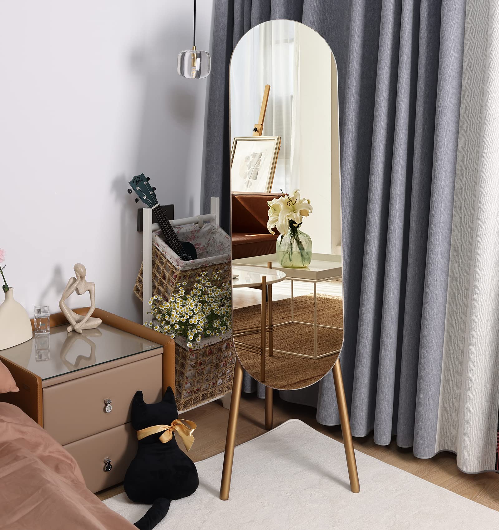 Photo 1 of ABSWHLM Full Length Mirror Oval 61"x14" Solid Wood Floor Dressing Mirror with Stand for Living Room, Bedroom, Gold Gold 61x14