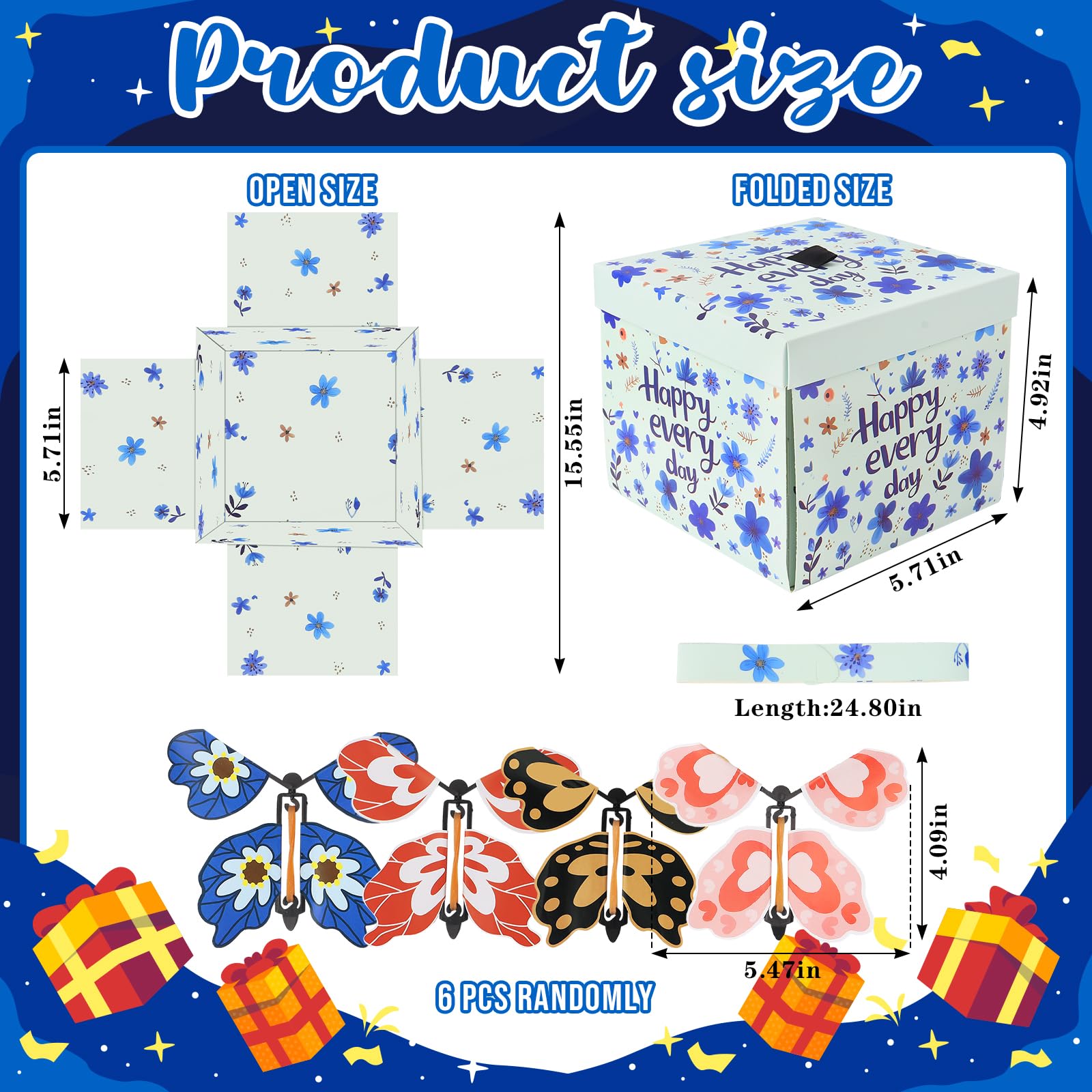 Flying Butterfly Explosion Gift Box with 6 Pcs Flying Butterflies, Surprise Birthday Gift Box with Butterfly, Surprise Cake Boxes for Birthday, Anniversary, Wedding,Graduation Special Occasions Blue