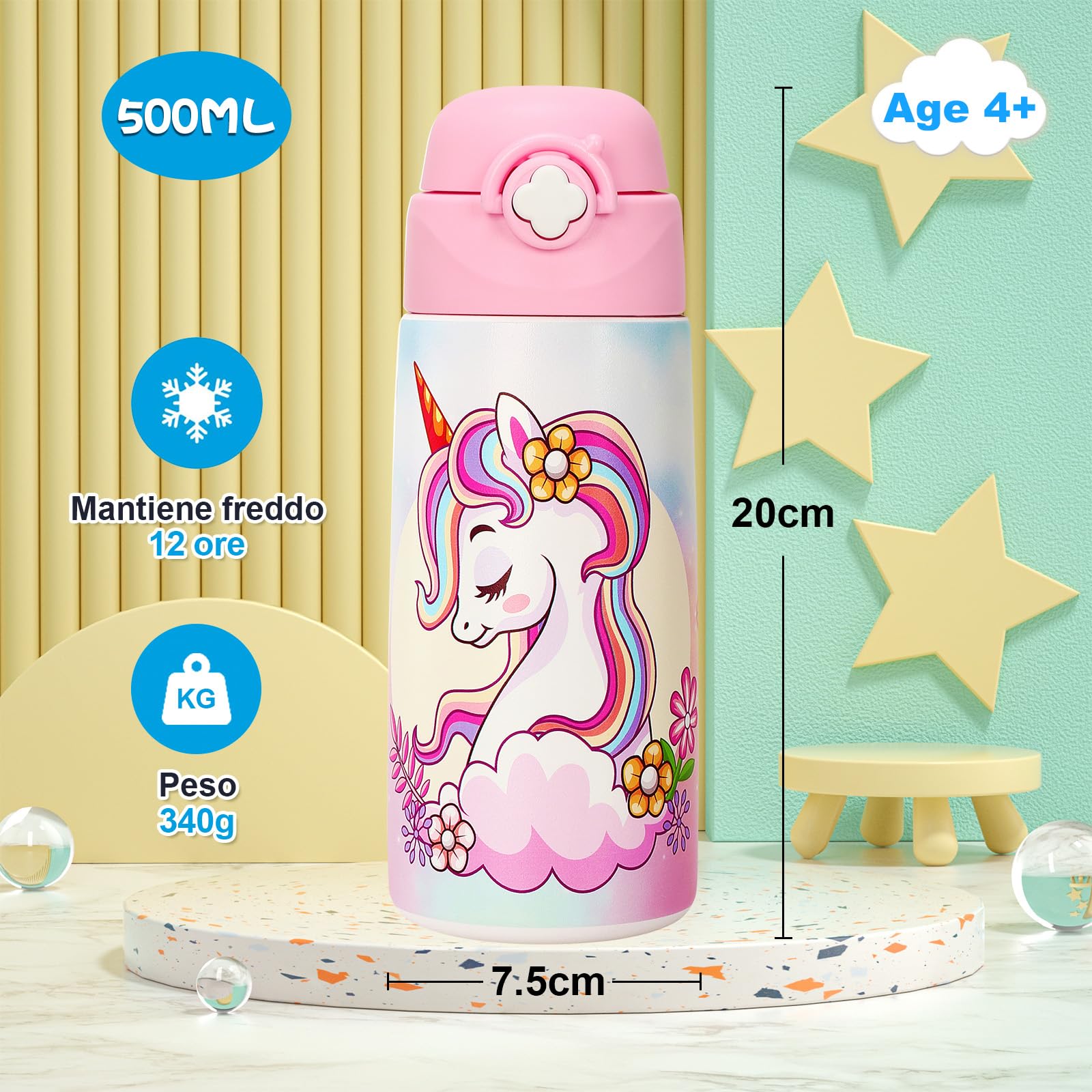 Borraccia Termica Bambini In Acciaio Inox 500 Ml Senza Bpa Bottiglia Acqua Con Cannuccia A Prova Di Perdite Unicorno