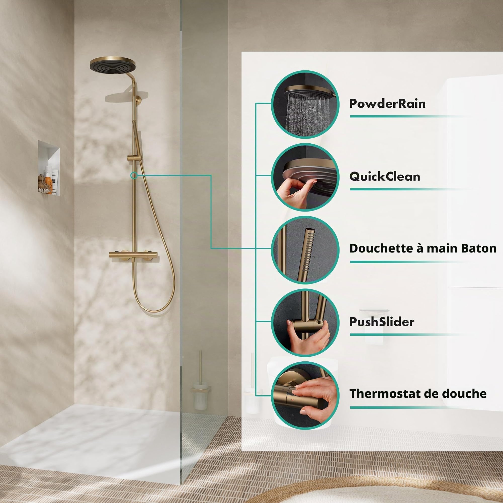 hansgrohe Pulsify S Puro - Colonne de douche avec mitigeur thermostatique, douche pluie (260mm) avec robinet, douchette, support, flexible, barre et douche de tête ronde, Bronze brossé, 24222140