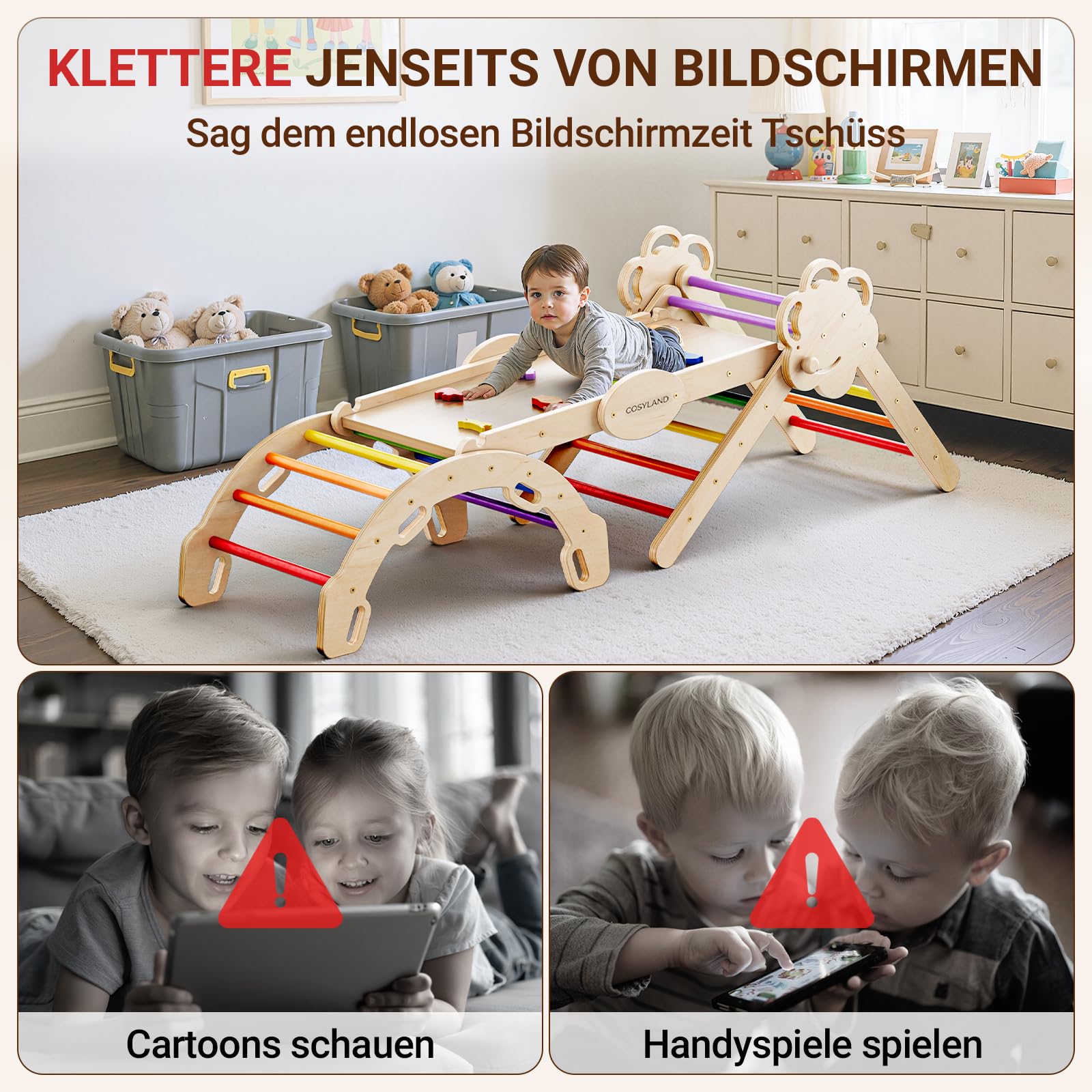 COSYLAND Klettergerüst Indoor L – Großes Kletterdreieck Set mit Kletterbogen & Rutsche – 8-in-1 Massivholz-Spielplatz für Kinder ab 18 Monaten – Regenbogenfarben