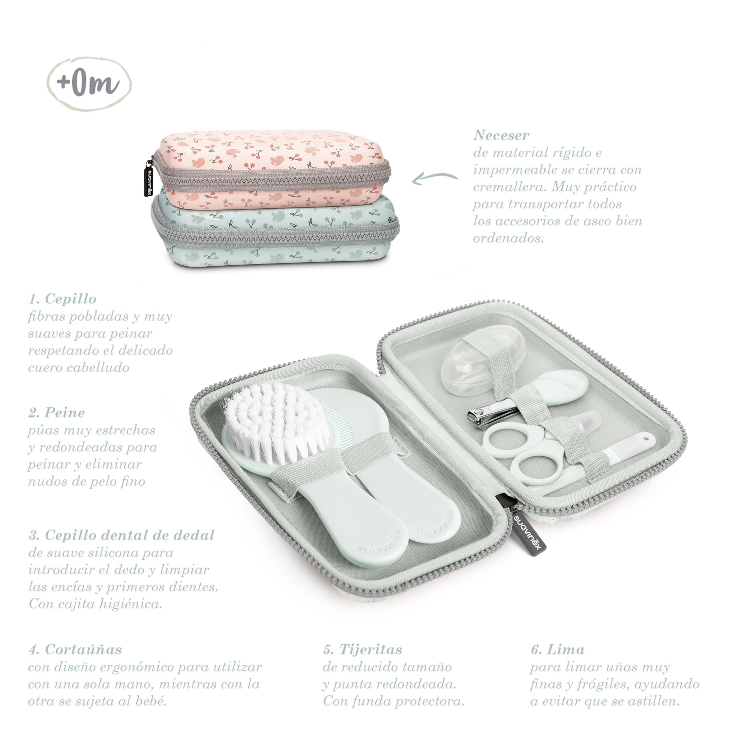 Suavinex, Trousse de Soin Bébé, Trousse de Toilette Naissance. Contient : Brosse et Peigne + Doigt Brosse à Dent + Ciseaux + Lime + Coupe Ongles, Set Manucure 6 Piéces, Rose