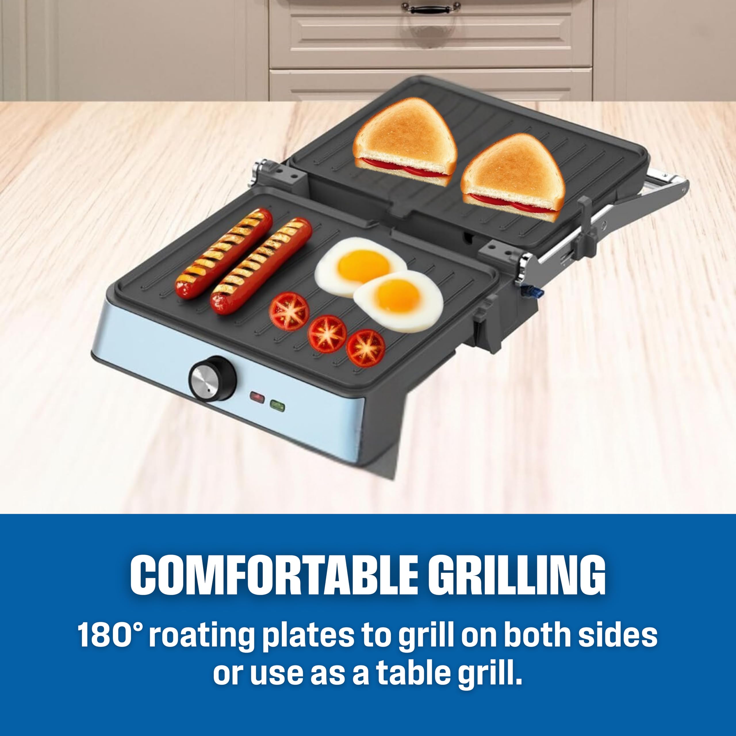 Westinghouse Grill kontaktowy w stylu retro – 29 x 24 cm – 180° do dwustronnego grillowania – 2200 W – toster – regulowana regulacja temperatury – grill panini – żelazko toster – niebieski