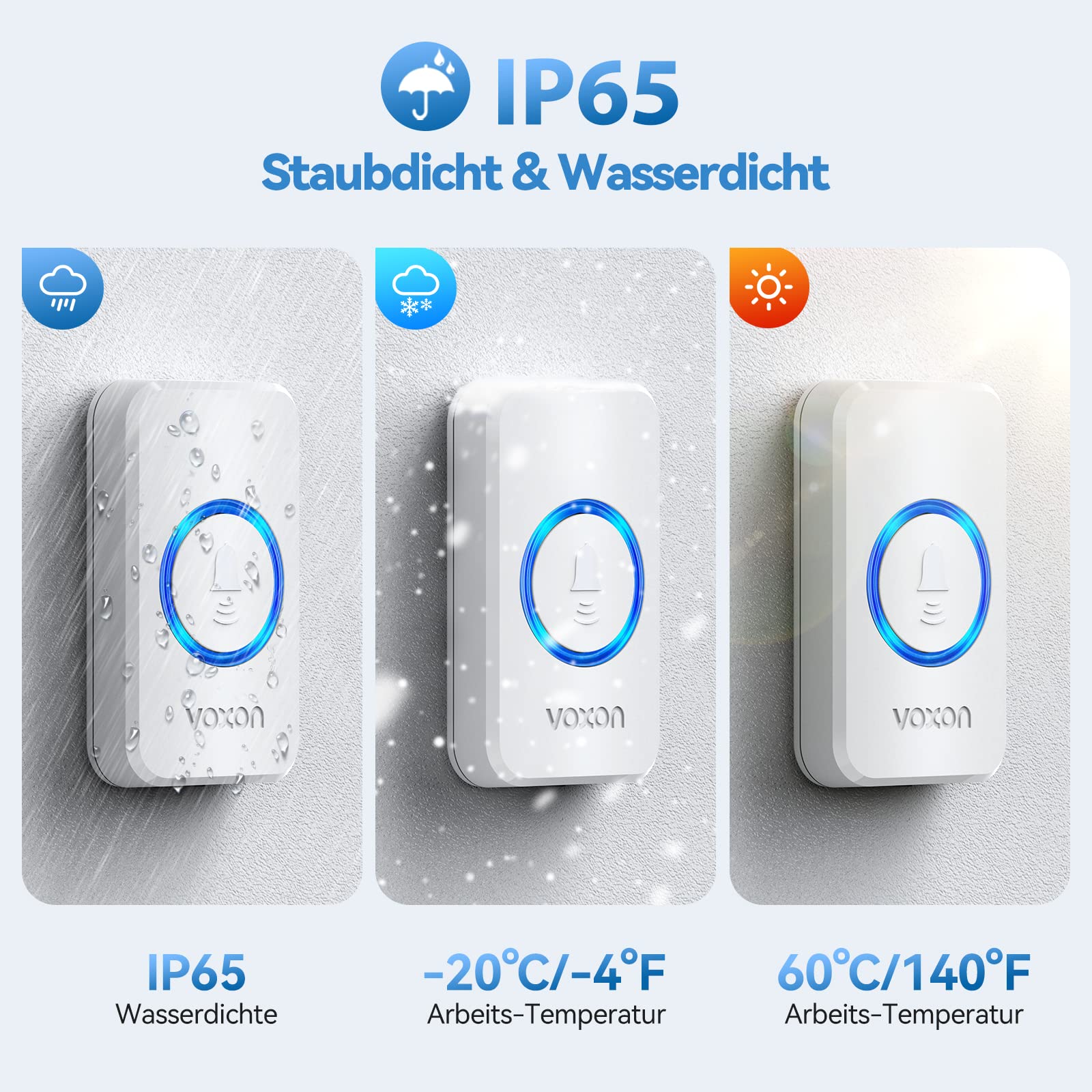 VOXON Timbre Inalámbrico, Alcance de 400m, Conjunto de Timbre con 2 Receptores, Resistente al Agua IP65 para Exteriores, Timbre de Puerta con Luz LED, 5 Niveles de Volumen, 60 Melodías