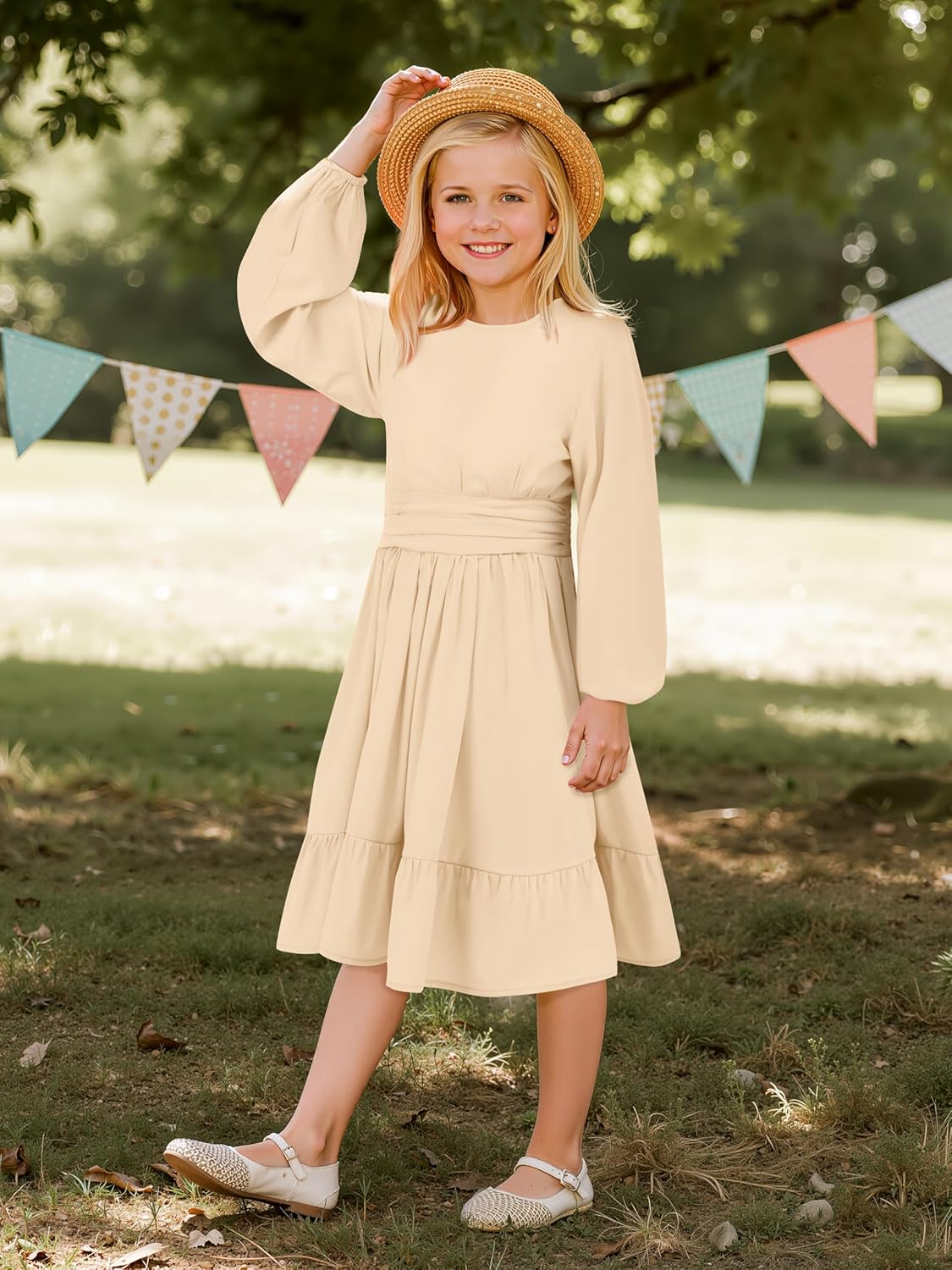 Cubear Girls' A-Line Casual Dress with Ruffle Hem Round Neck Teens Dress Long Puff Sleeve Junior Dresses for Teens, 5-14Y - Image 6