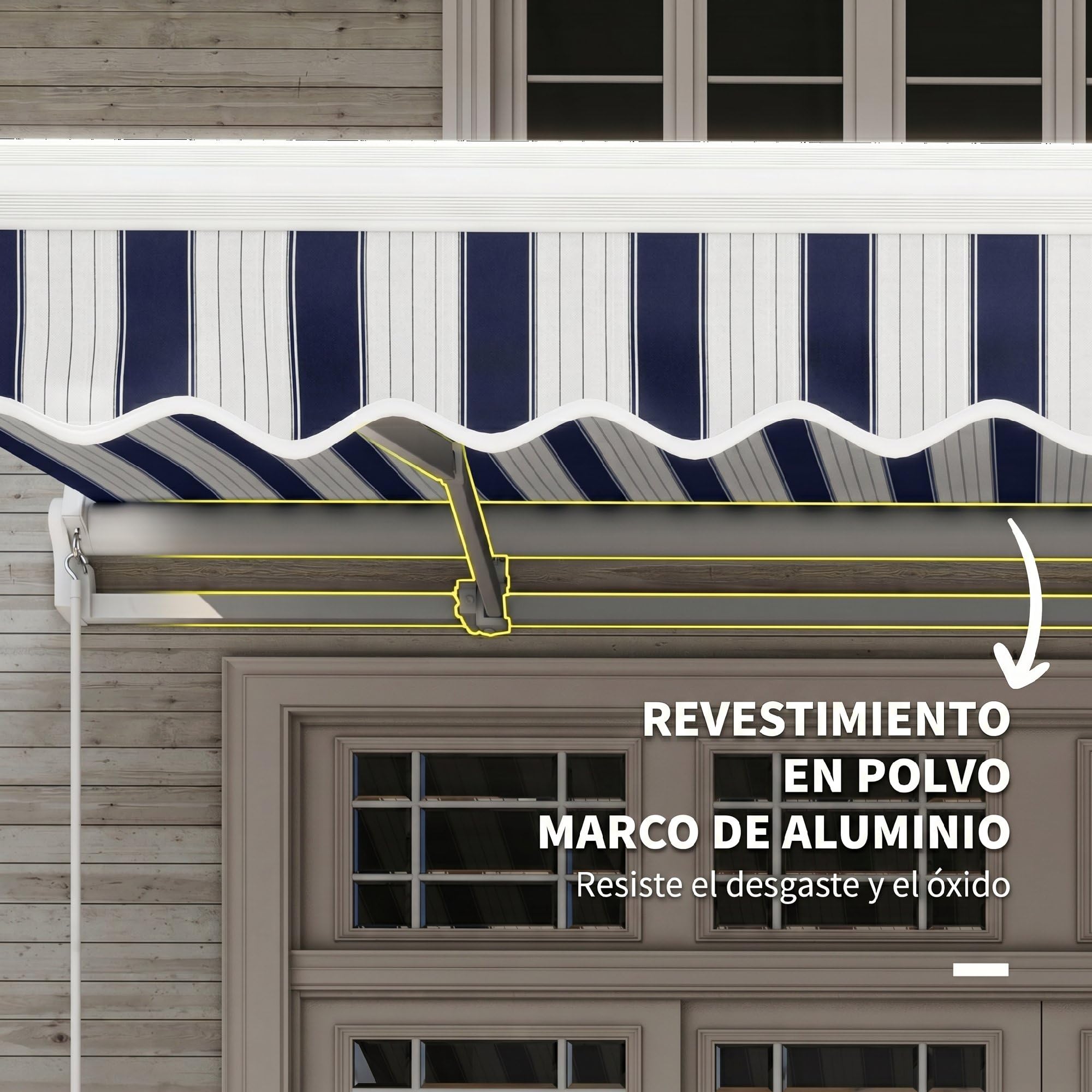 Outsunny Tenda manuale retrattile, 395 x 245 cm, tenda da sole esterna con angolo regolabile, braccio articolato, montaggio a parete, struttura in alluminio, anti-UV e impermeabile, per giardino, blu