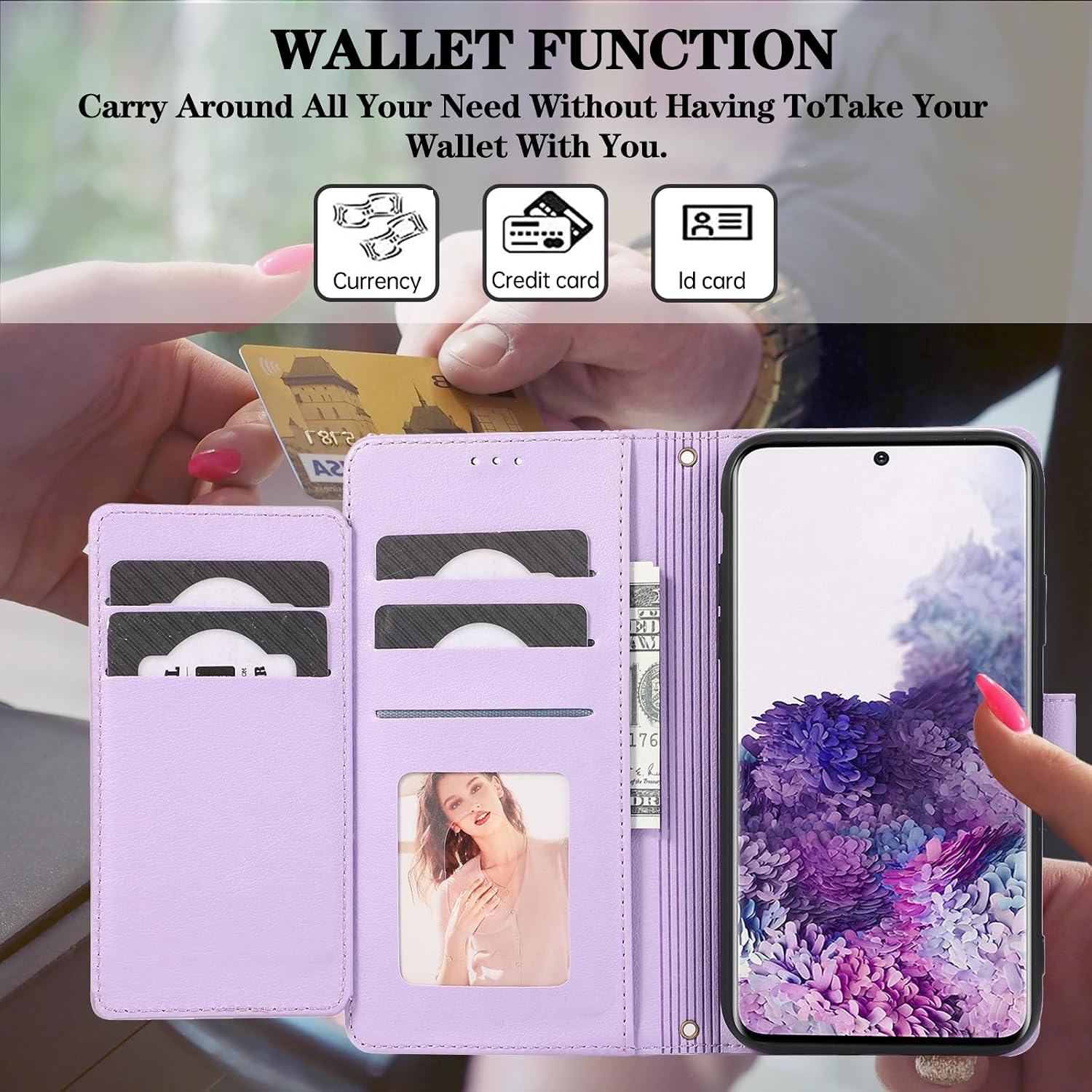 Compatible with Samsung Galaxy S20 Plus S20+ 5G Wallet Case Wrist Strap, Crossbody Strap, Mirror PU Leather Flip Credit Stand Cell Phone Cover for S20+5G S20plus 20S + S2O S 20 20+ G5 Purple