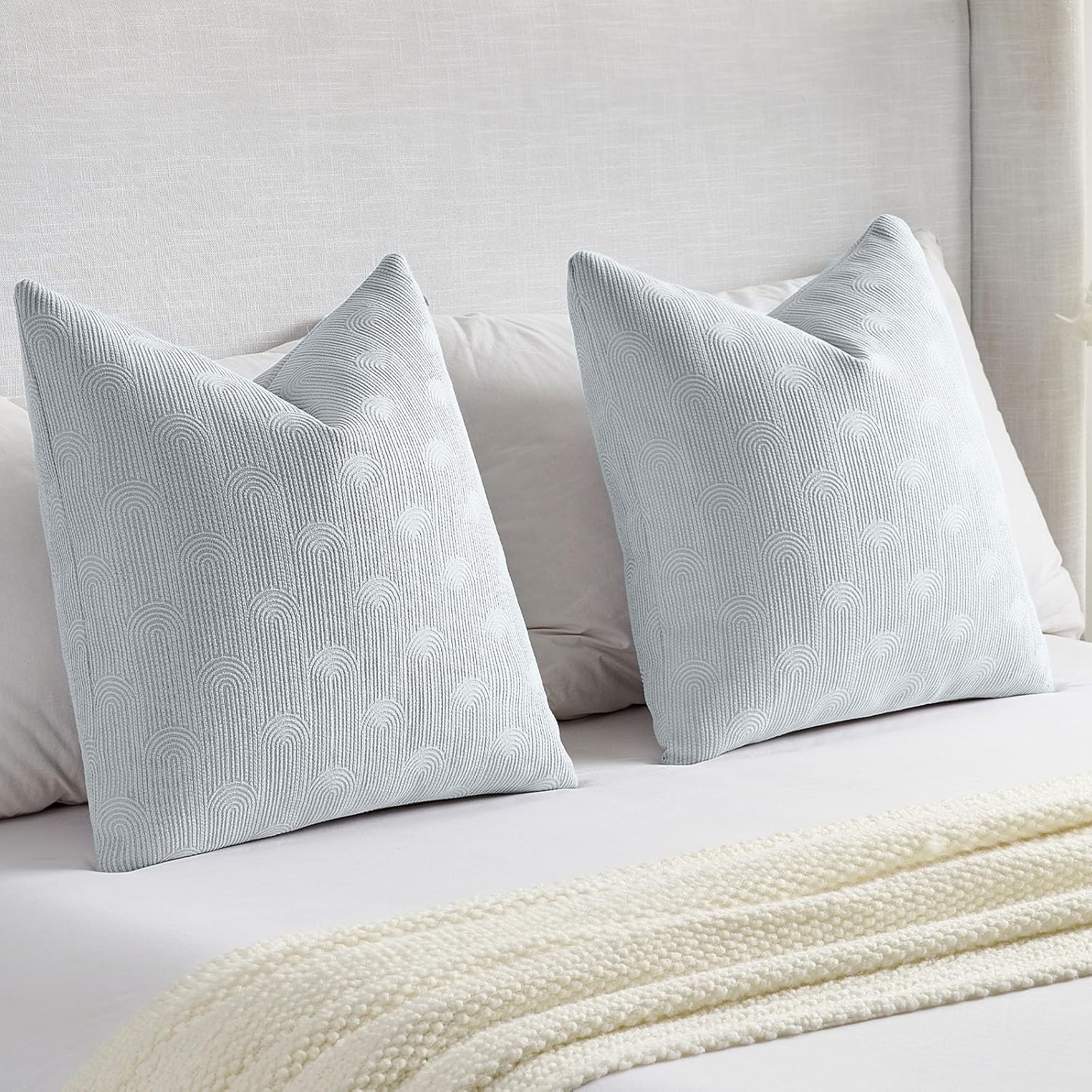 FUTEI Light Blue Chenille Decorative Throw Pillow Covers 24x24 Inch Set of 2,Soft Cozy Striped Geometric Patterns European Cushion Cases,Modern Home Decor for Couch Bed Living Room