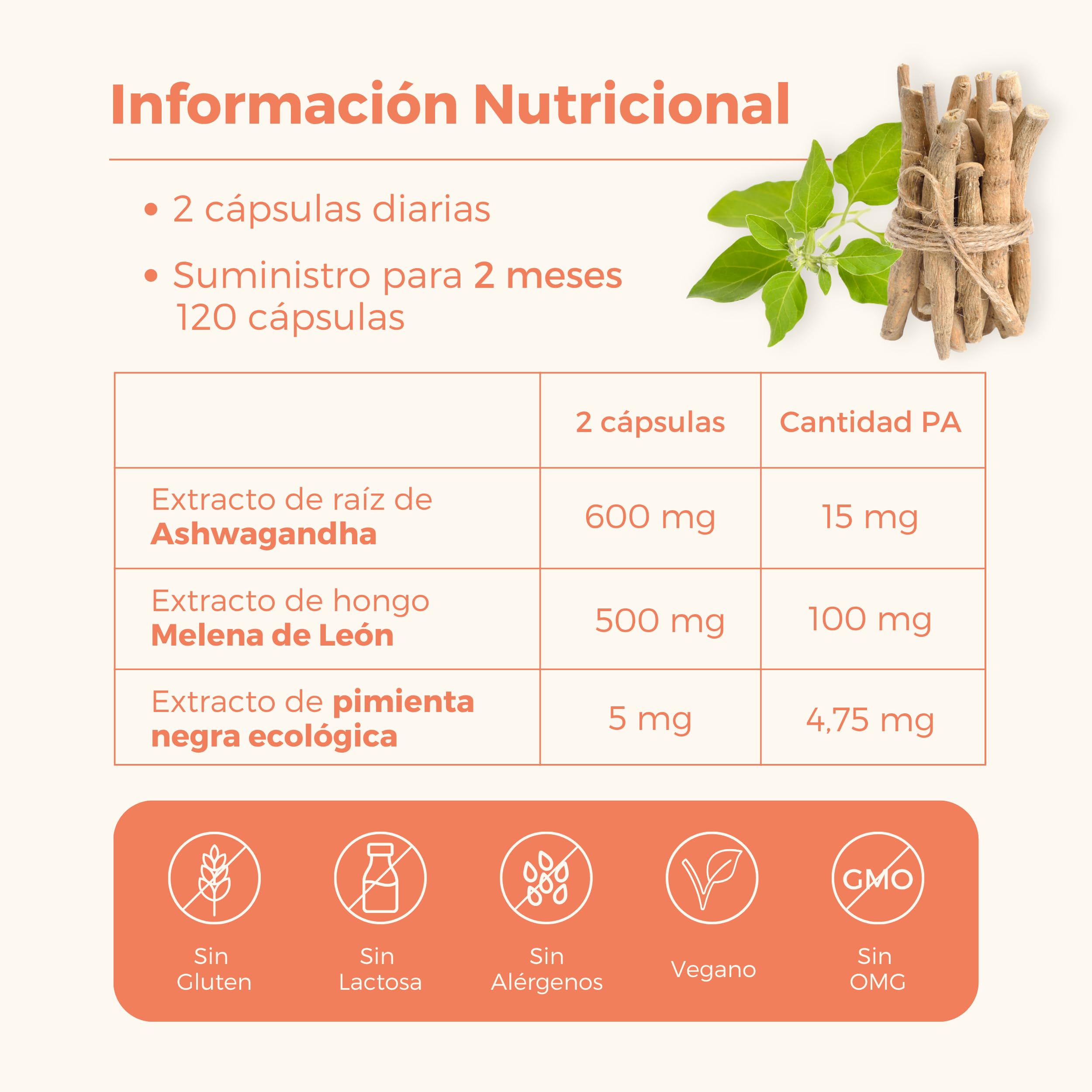 Ashwagandha con Melena de Leon | Adaptógenos Anti-Estrés y Nootropicos Memoria y Concentracion | Lions Mane y Ashwagandha con Pimienta Negra | Complementos Alimenticios en Cápsulas