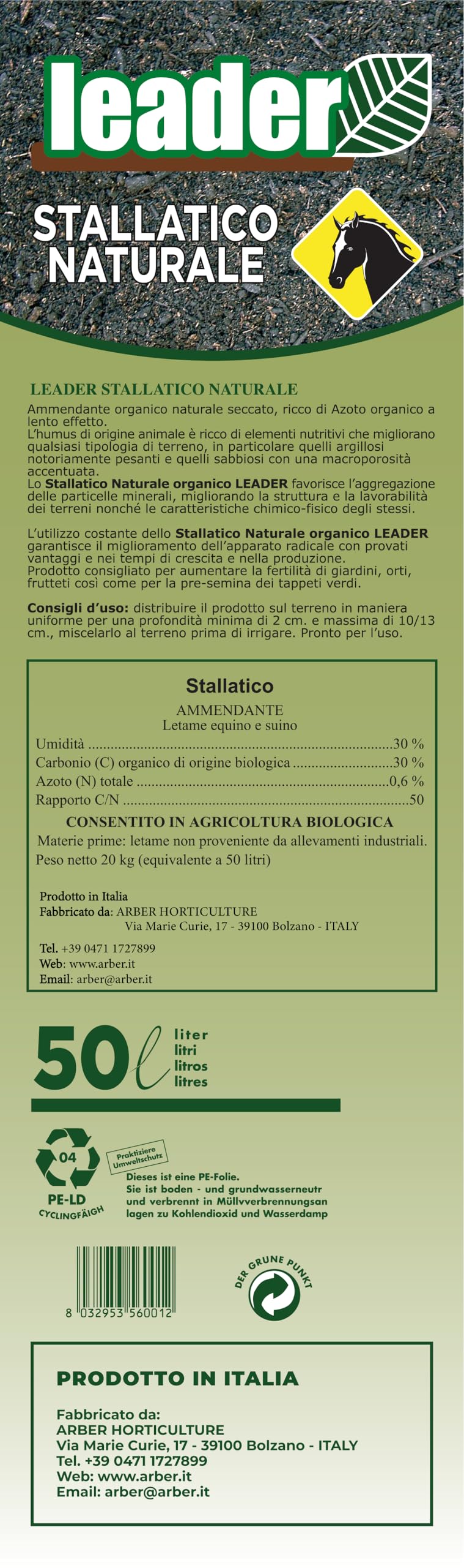 LEADER, Stallatico Naturale, Fertilizzante Per Giardino, Orto, Frutteti e Pre-Semina, Derivato da Letame Animale Selezionato, Migliora Struttura e Lavorabilità del Terreno, Sacchetto da 50l