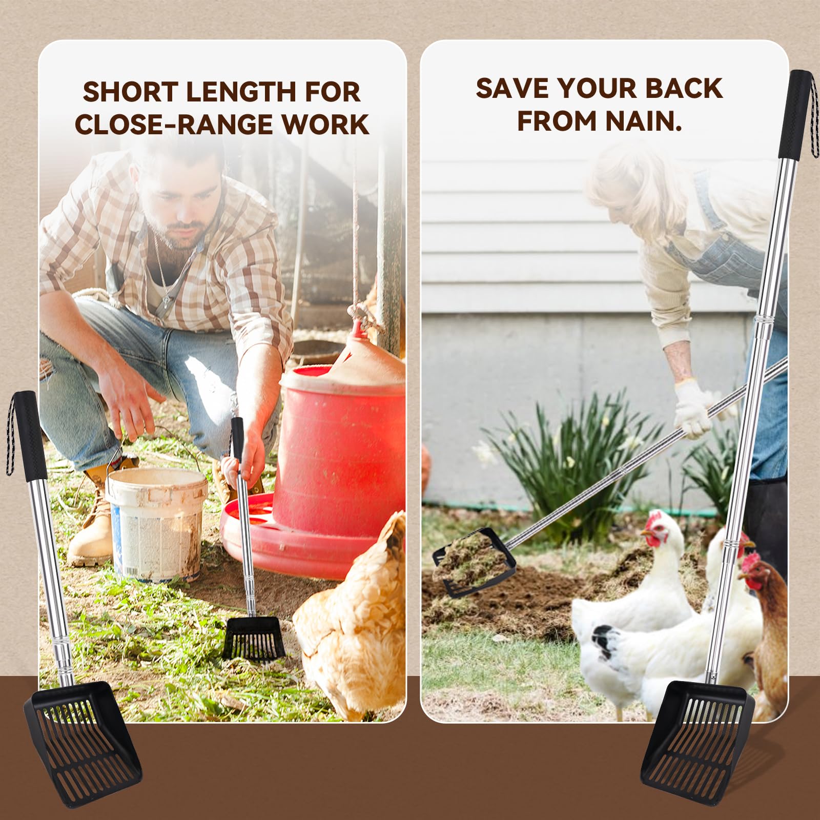 Chicken Poop Scooper, afneembare lange handgreep, zijschep, meta