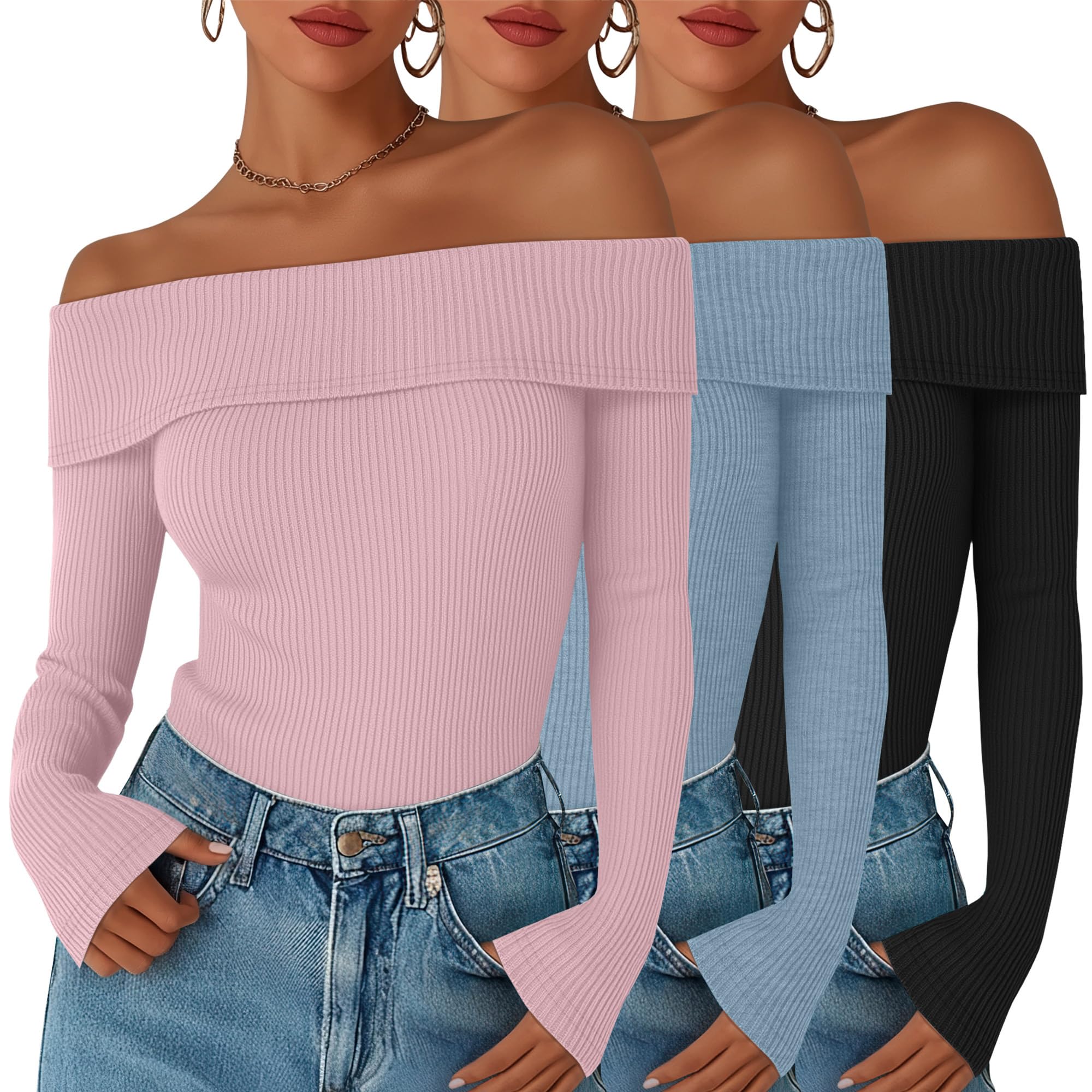 3 Pack Women's Off The Shoulder Sweaters Long Sleeve Ribbed Knit Top Slim Fit Fall Shirt Going Out Pullover Sweater